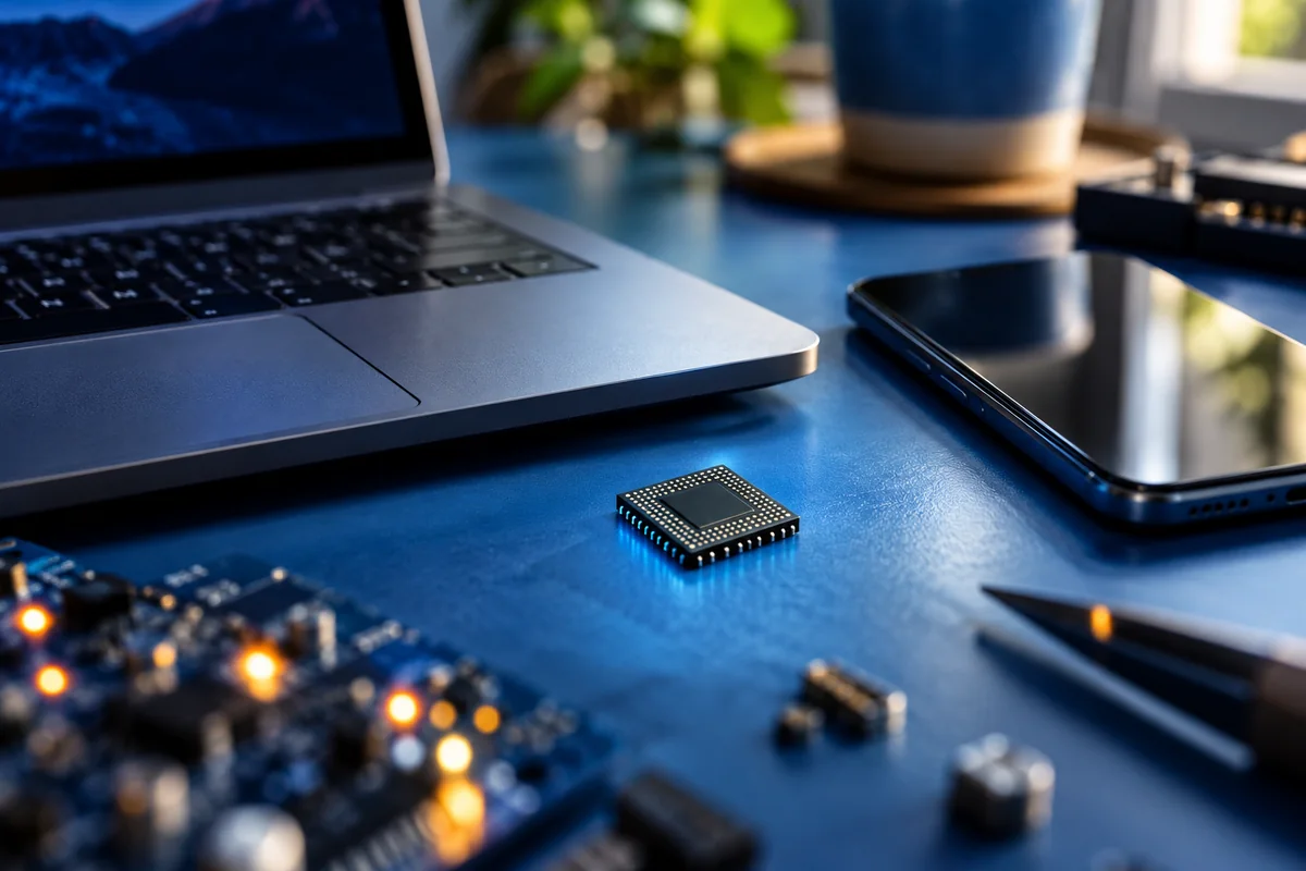 Laptop, ponsel, dan cip elektronik sebagai ilustrasi pemrosesan AI di perangkat