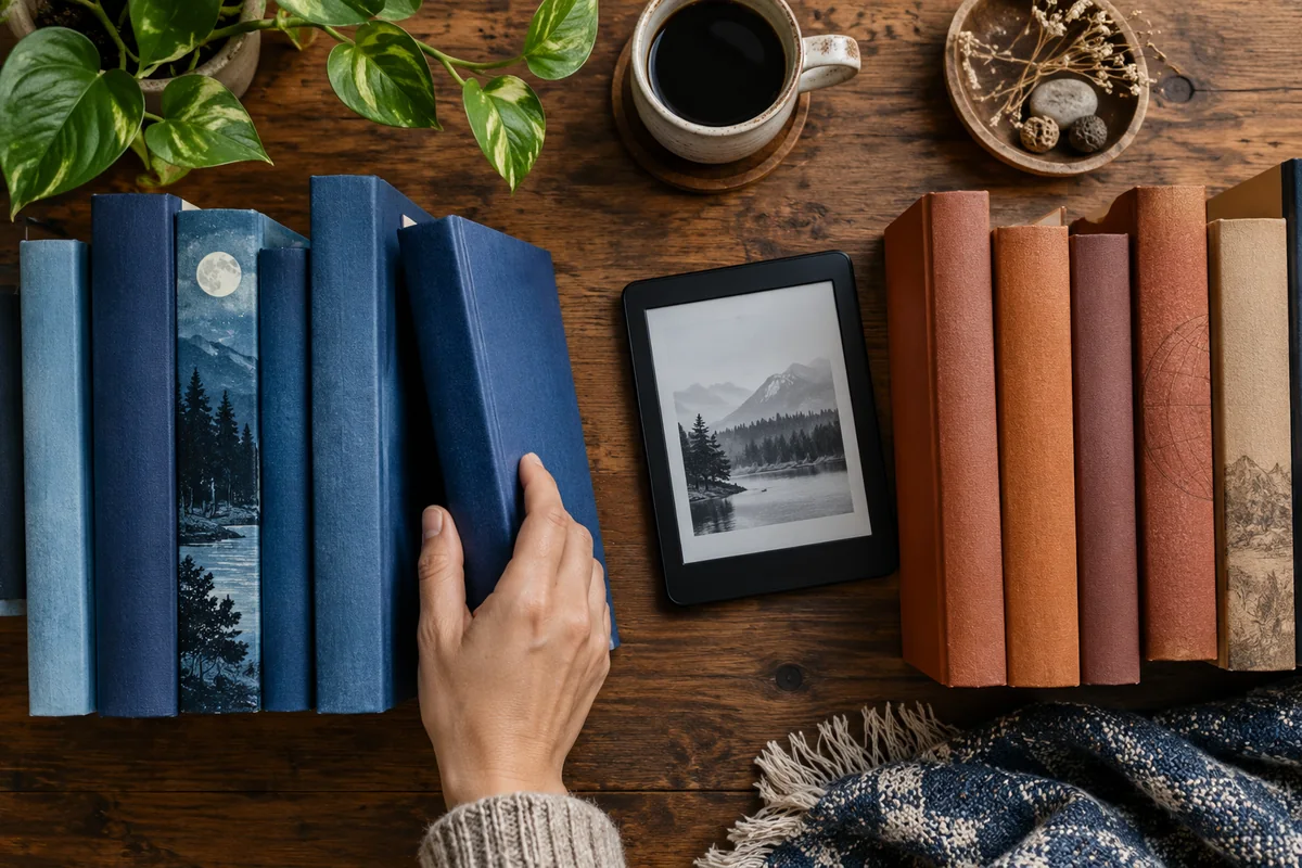 Susunan buku dan pembaca digital dengan tangan yang sedang memilih bacaan