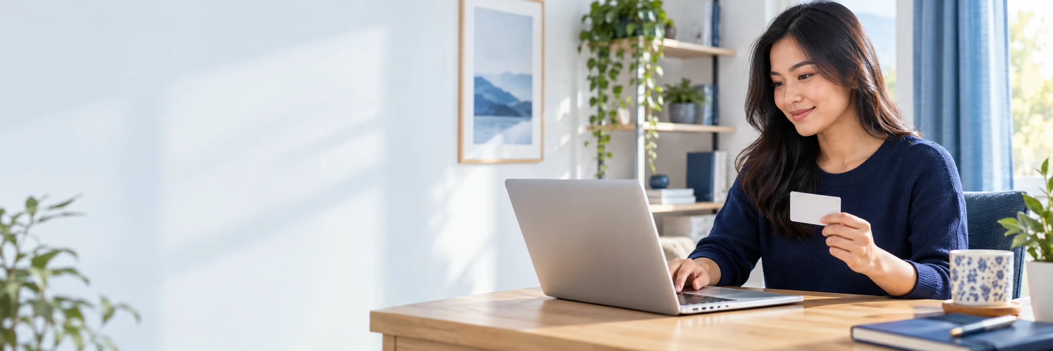 Perempuan berbelanja produk digital melalui laptop di meja kerja yang terang.