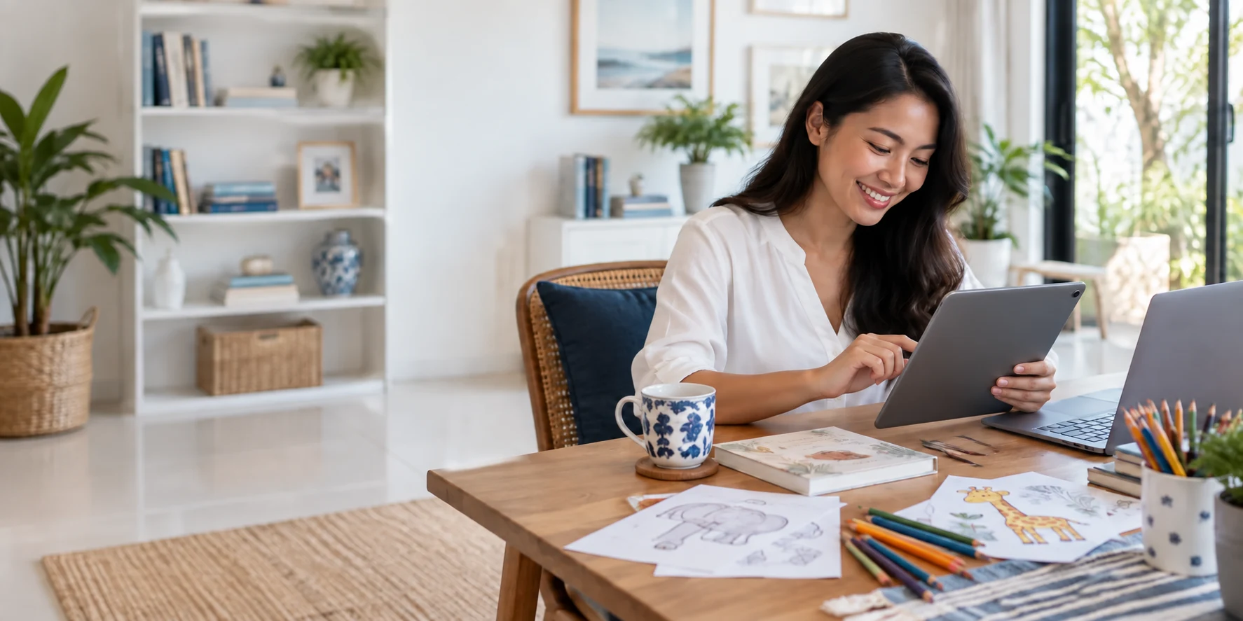 Perempuan membaca melalui tablet di meja dengan buku, lembar mewarnai, dan laptop.