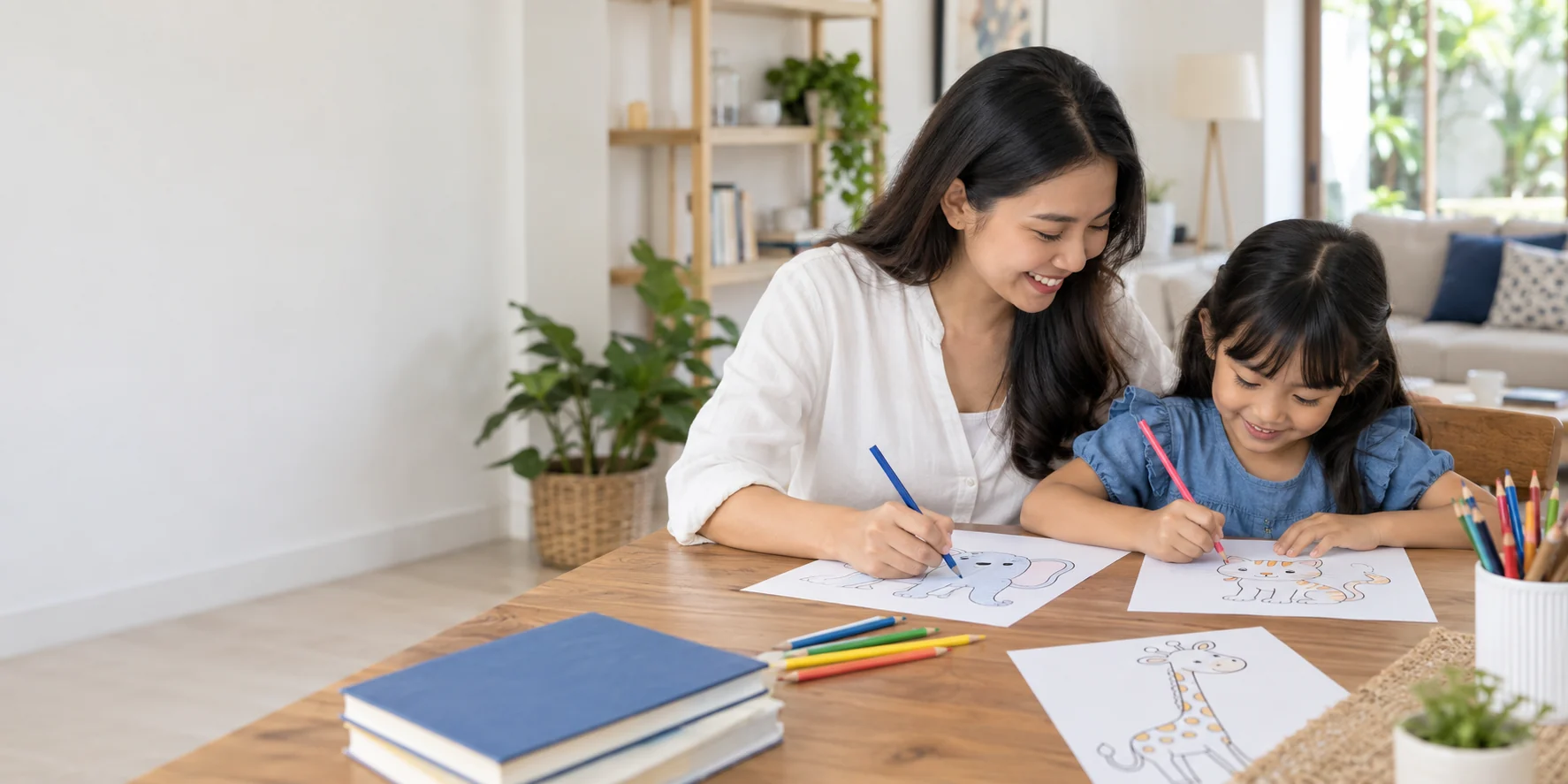 Ibu dan anak mewarnai lembar bergambar hewan bersama di rumah.