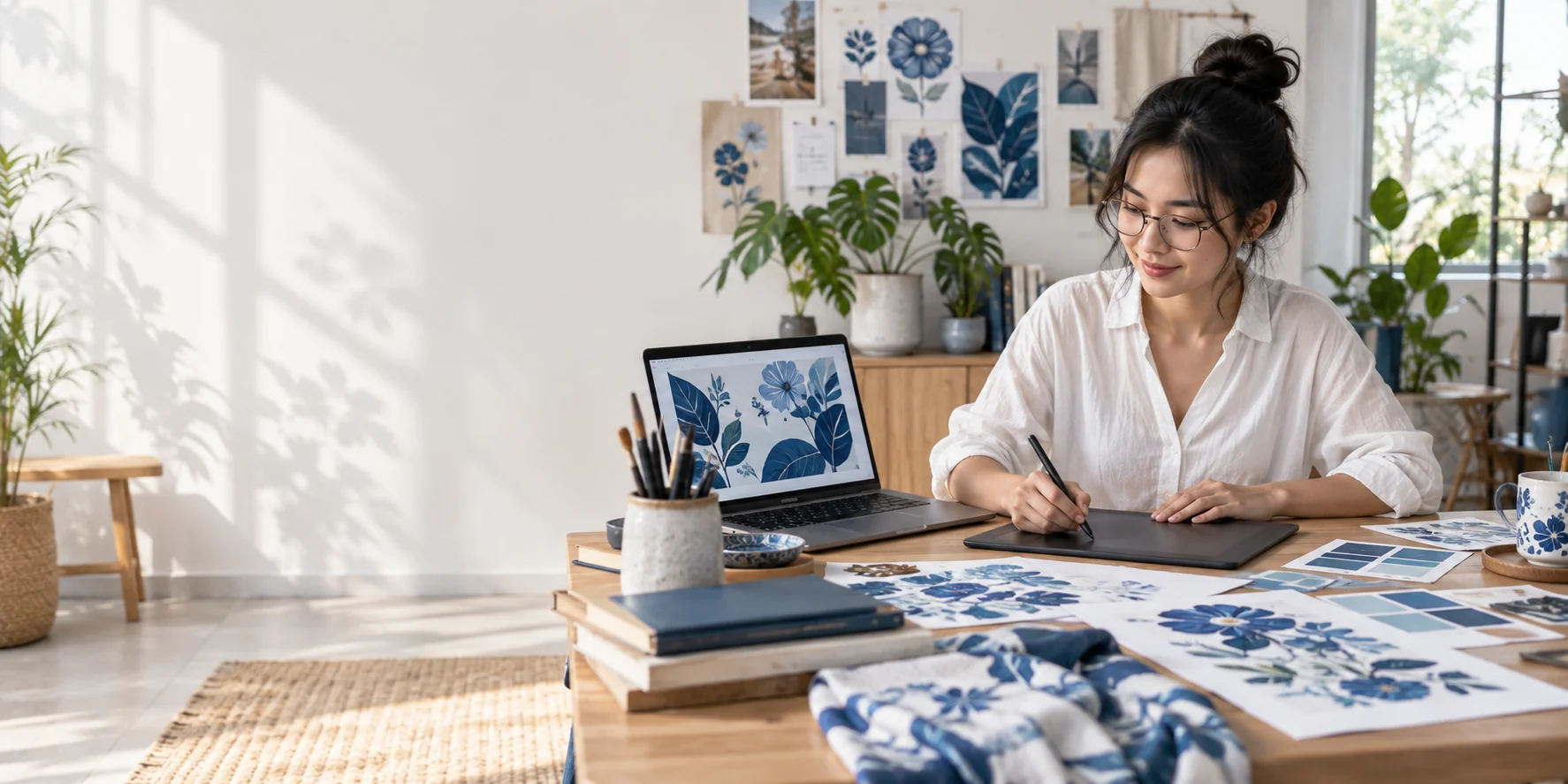 Desainer berkacamata menggambar motif botani menggunakan pen tablet.