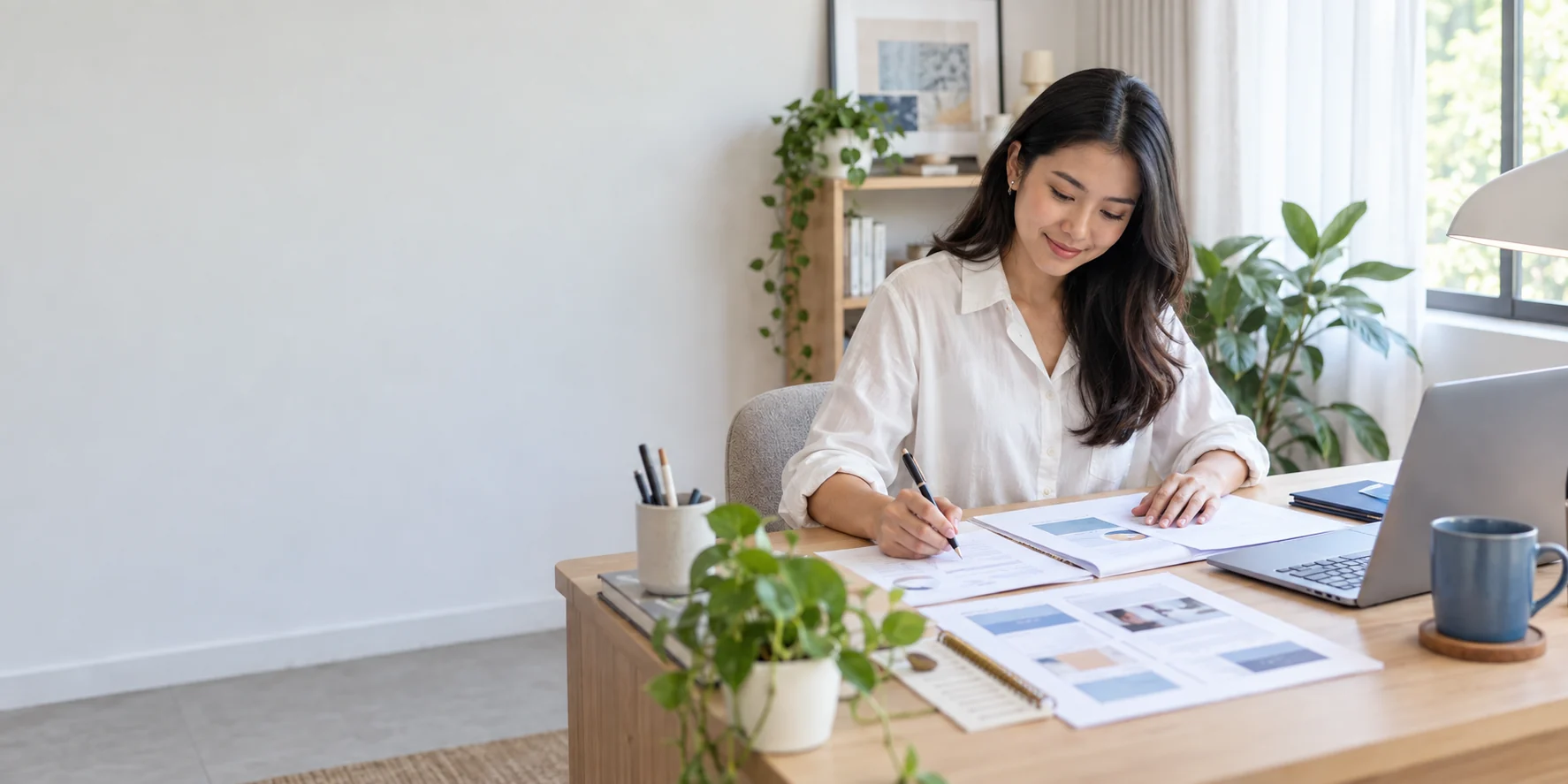 Perempuan menyiapkan dokumen dan planner di meja kerja yang terang.