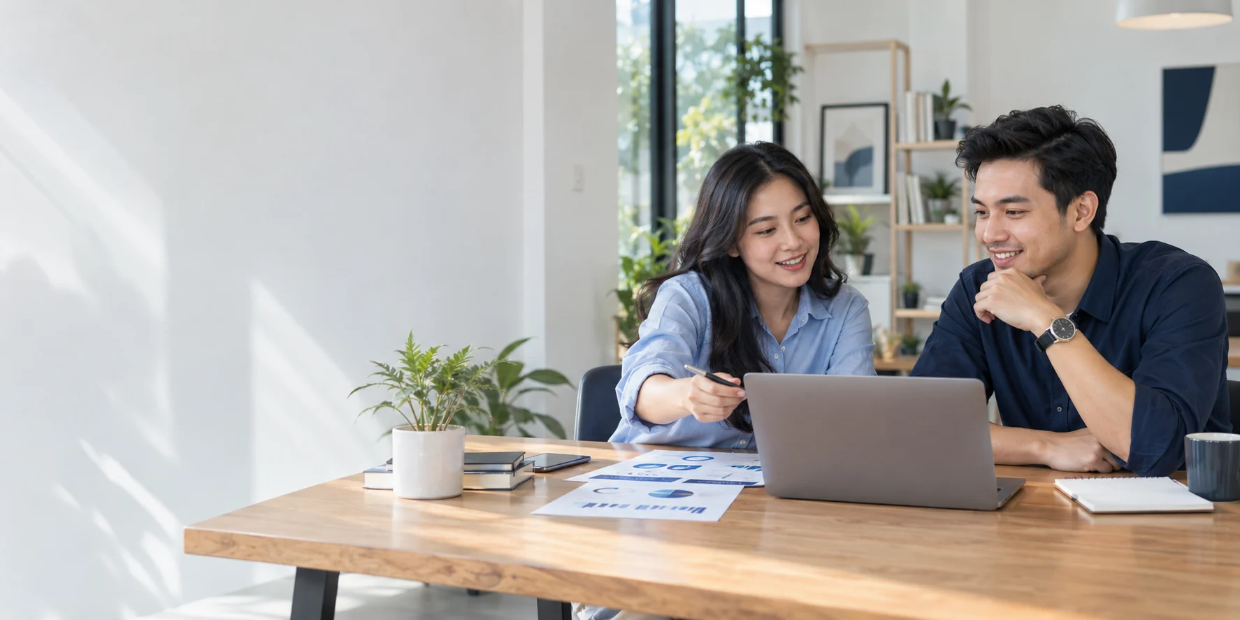 Dua rekan kerja mendiskusikan bahan presentasi di meja kerja.