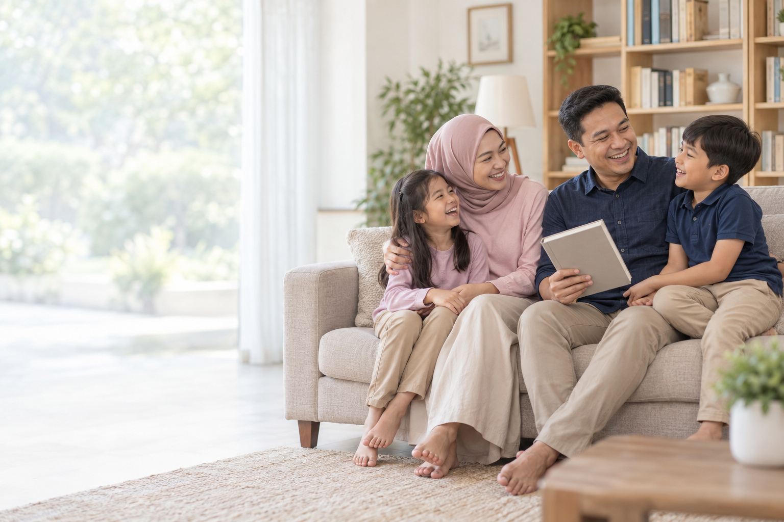 Ayah, ibu, dan dua anak berpose ceria bersama di ruang keluarga