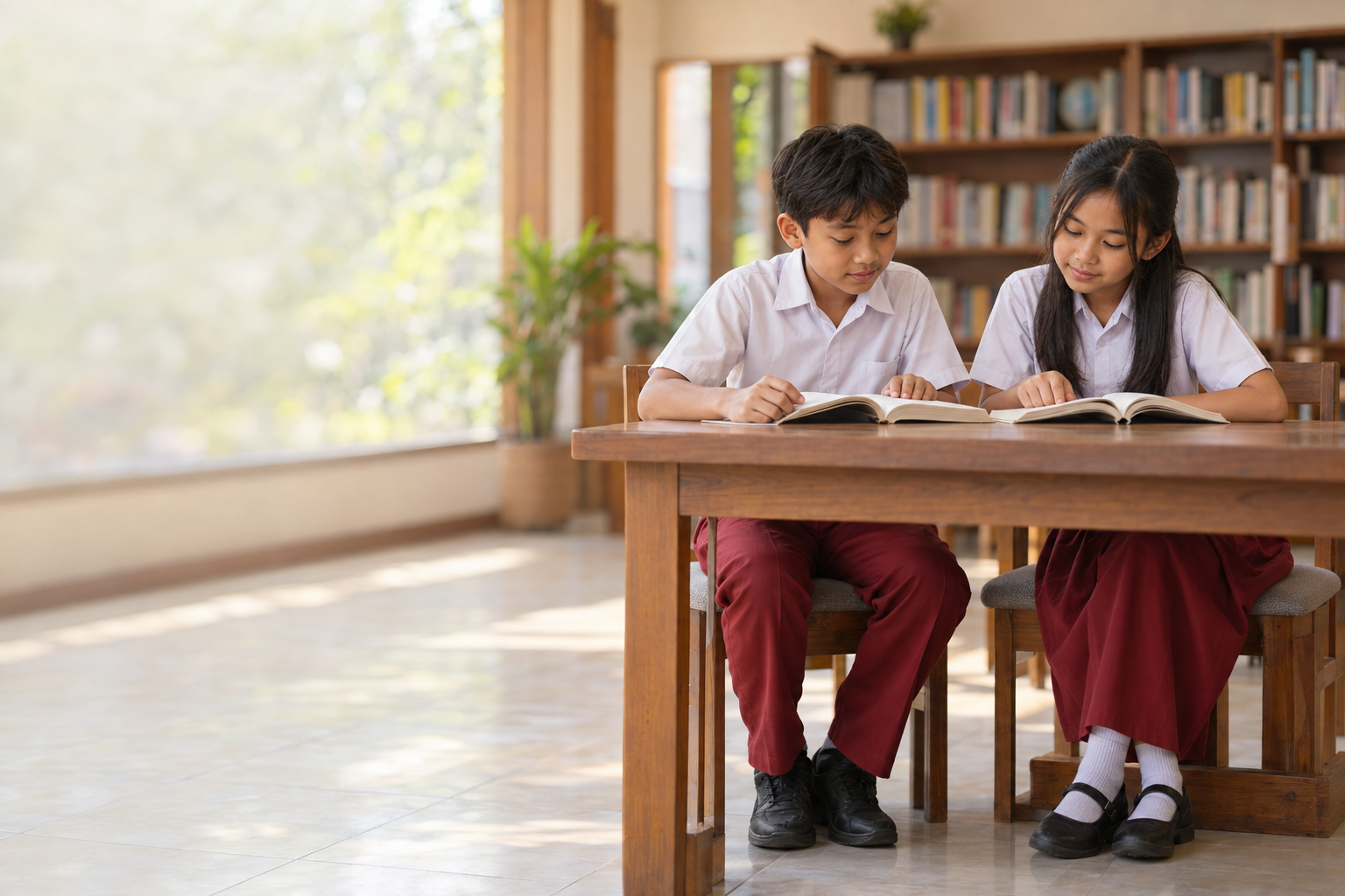 Anak sekolah membaca buku bersama di perpustakaan sekolah