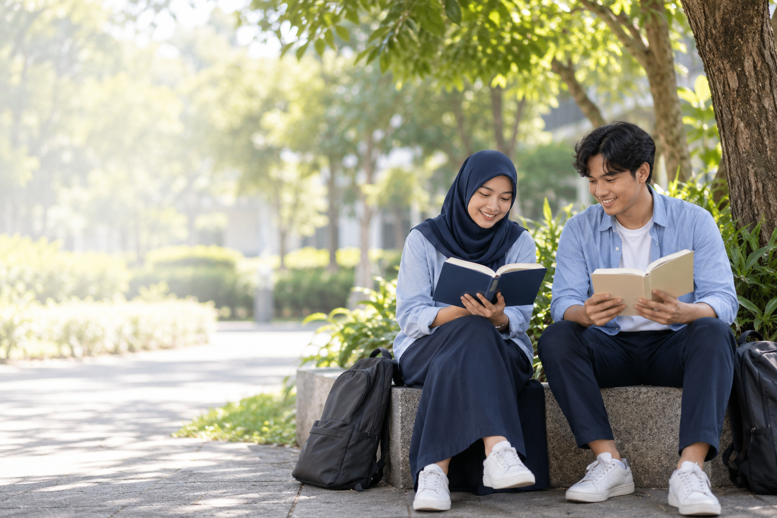 Mahasiswa membaca buku bersama di taman kampus yang rindang