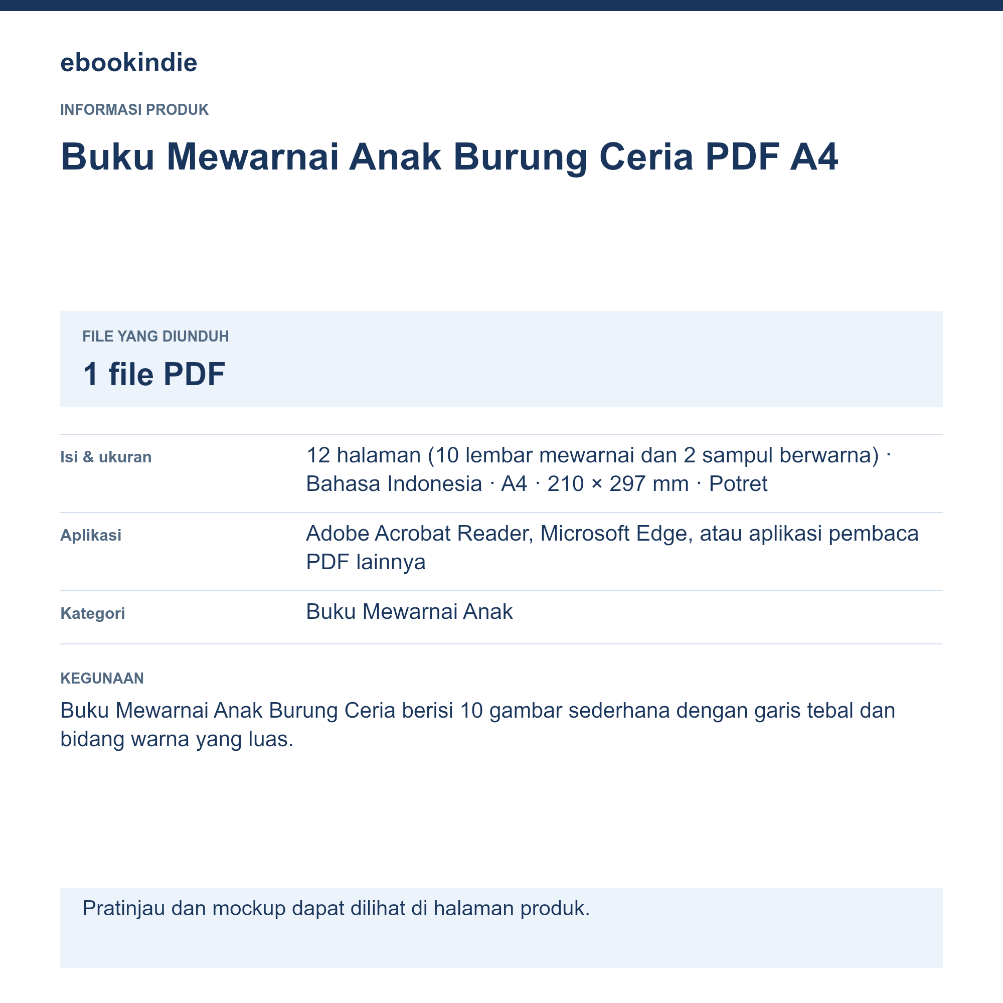 Detail Produk Buku Mewarnai Anak Burung Ceria PDF A4