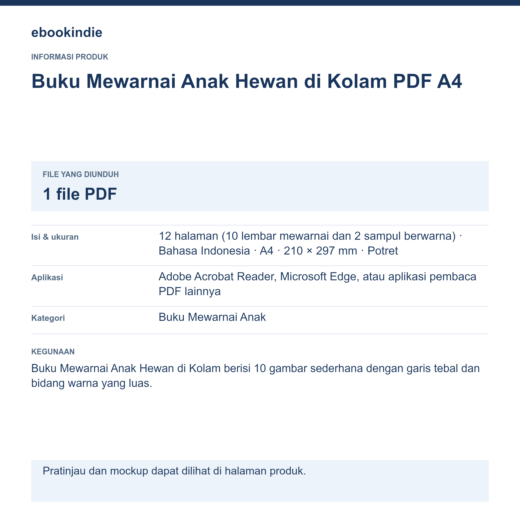 Detail Produk Buku Mewarnai Anak Hewan di Kolam PDF A4