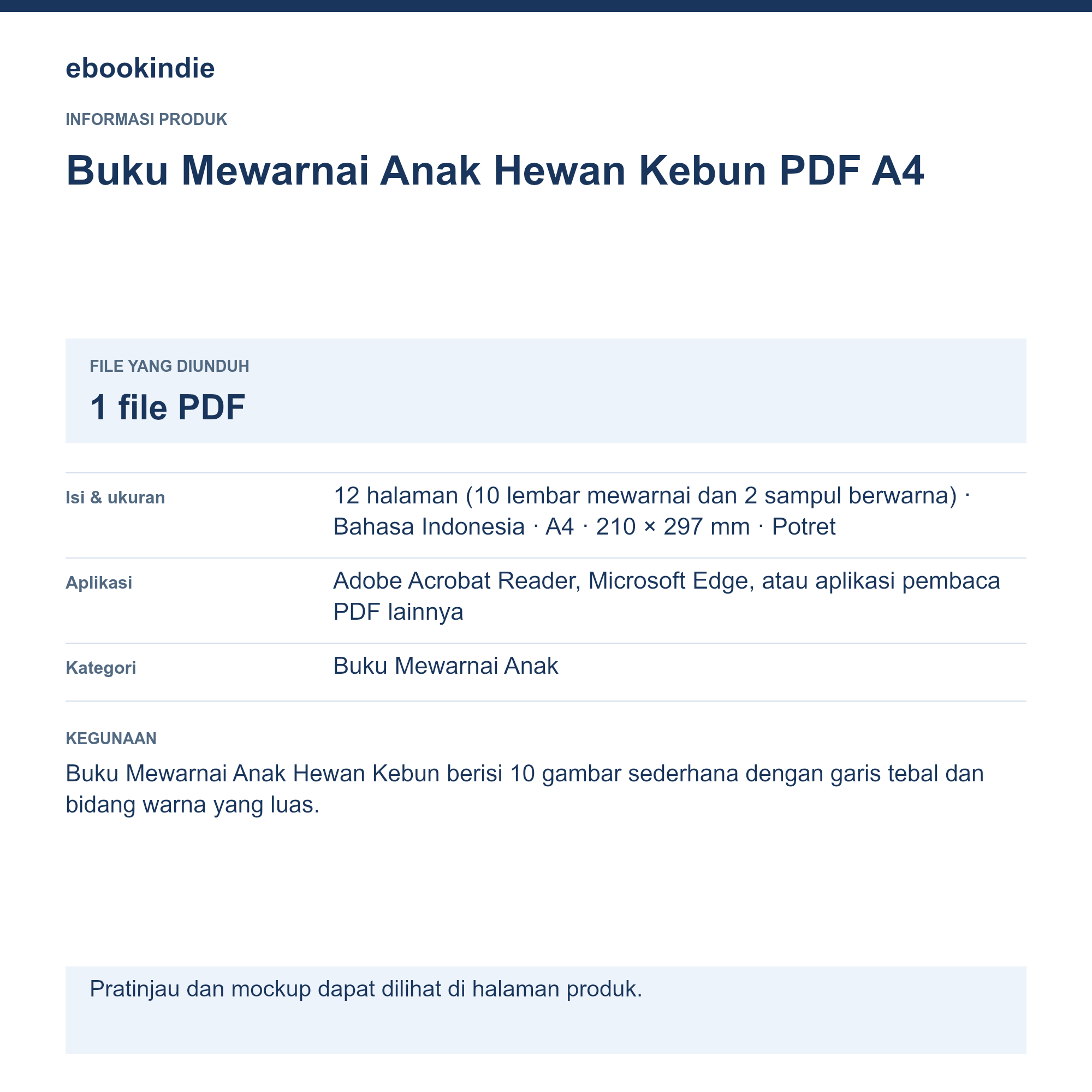 Detail Produk Buku Mewarnai Anak Hewan Kebun PDF A4