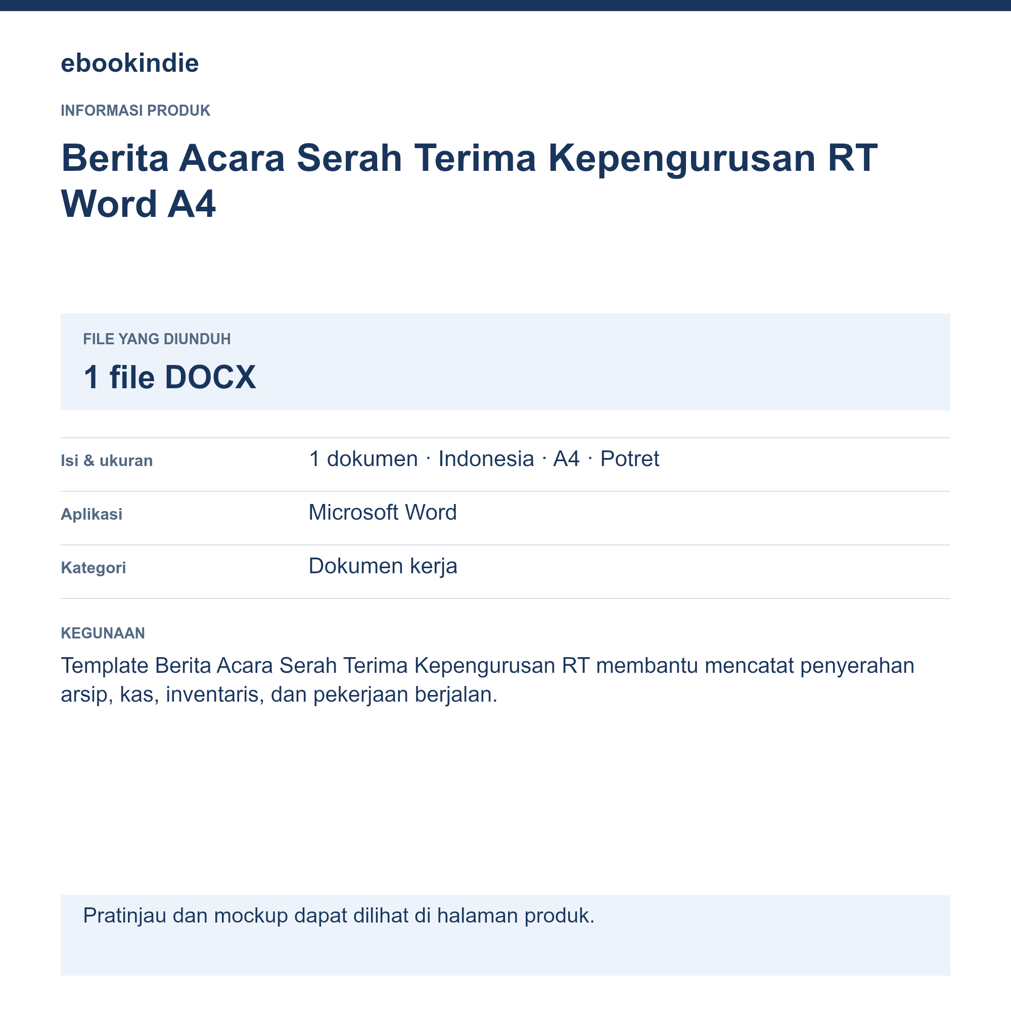 Detail Produk Berita Acara Serah Terima Kepengurusan RT Word A4
