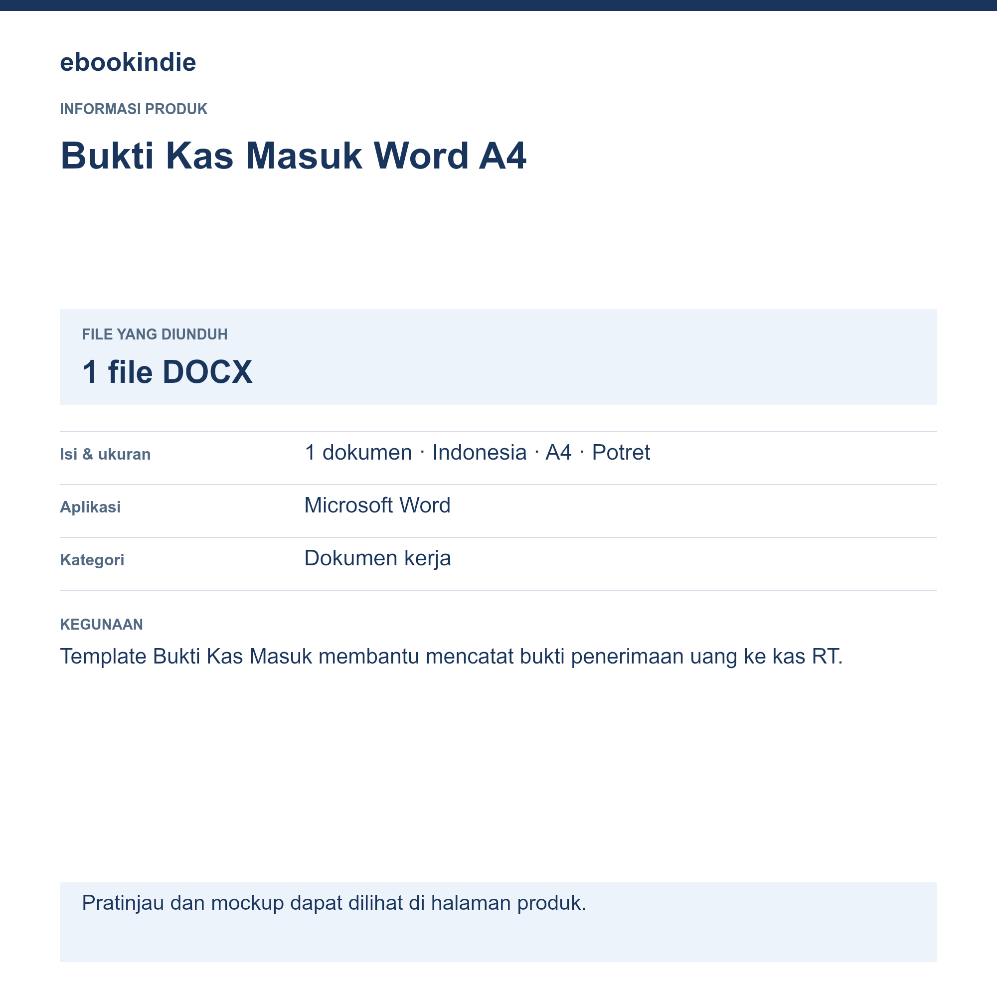Detail Produk Bukti Kas Masuk Word A4