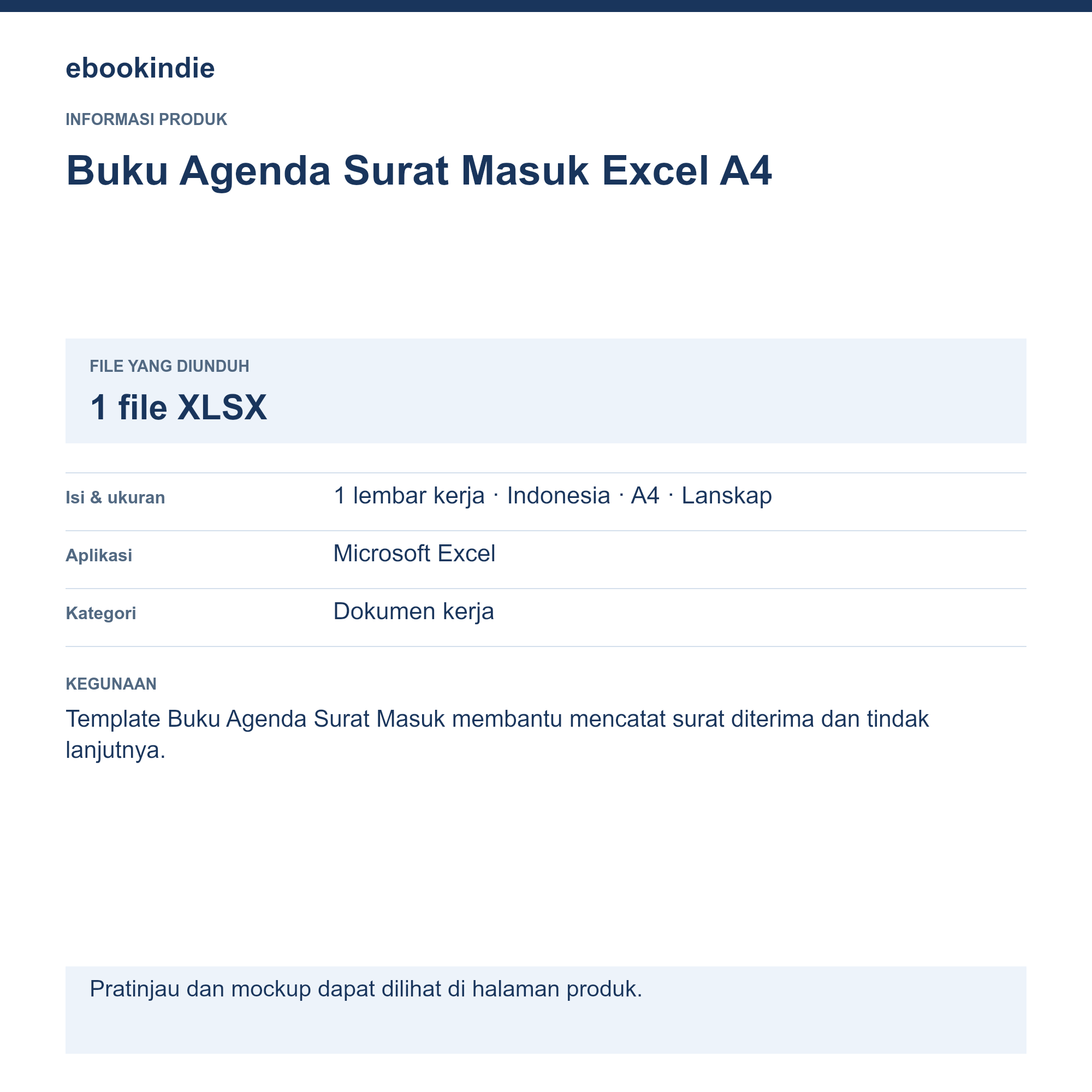 Detail Produk Buku Agenda Surat Masuk Excel A4