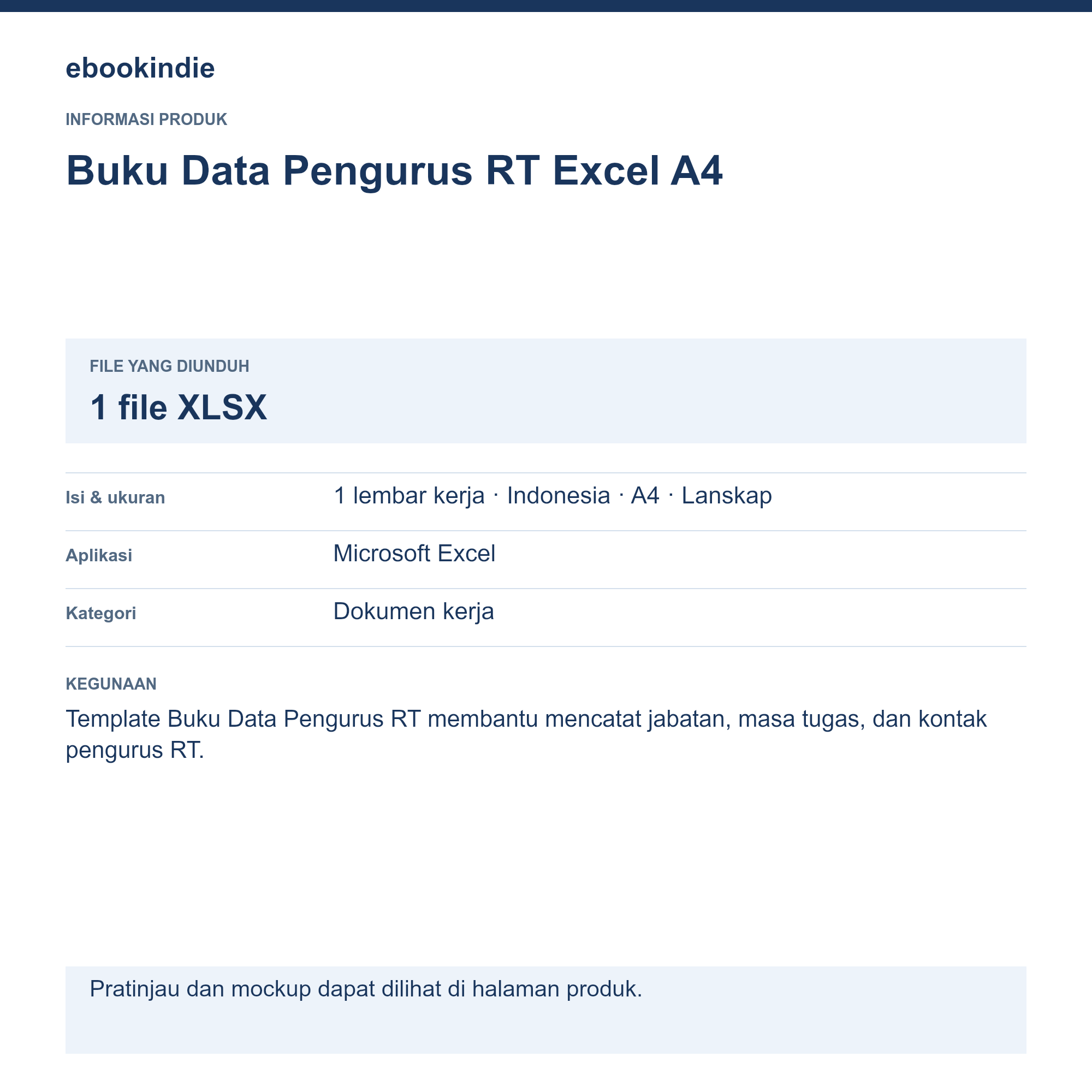 Detail Produk Buku Data Pengurus RT Excel A4