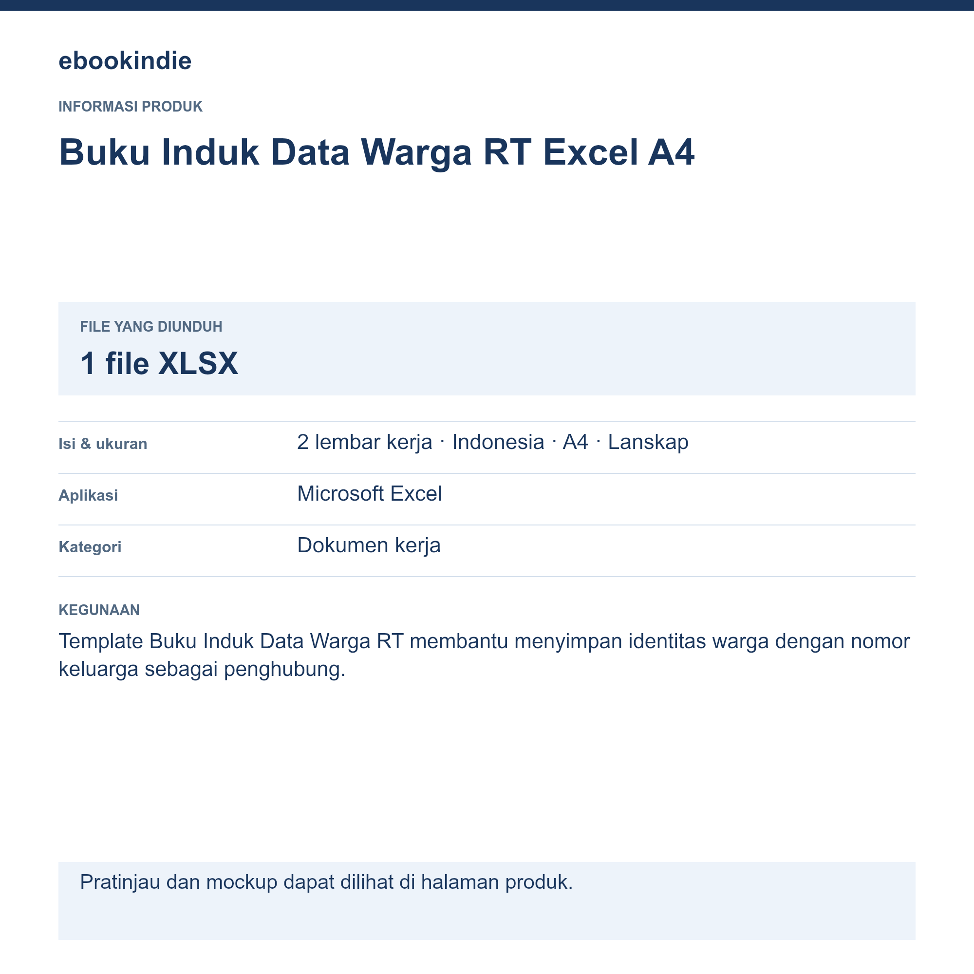 Detail Produk Buku Induk Data Warga RT Excel A4
