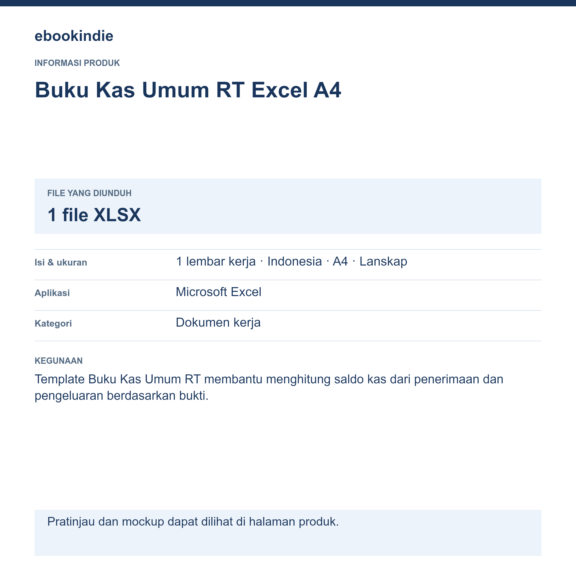 Detail Produk Buku Kas Umum RT Excel A4