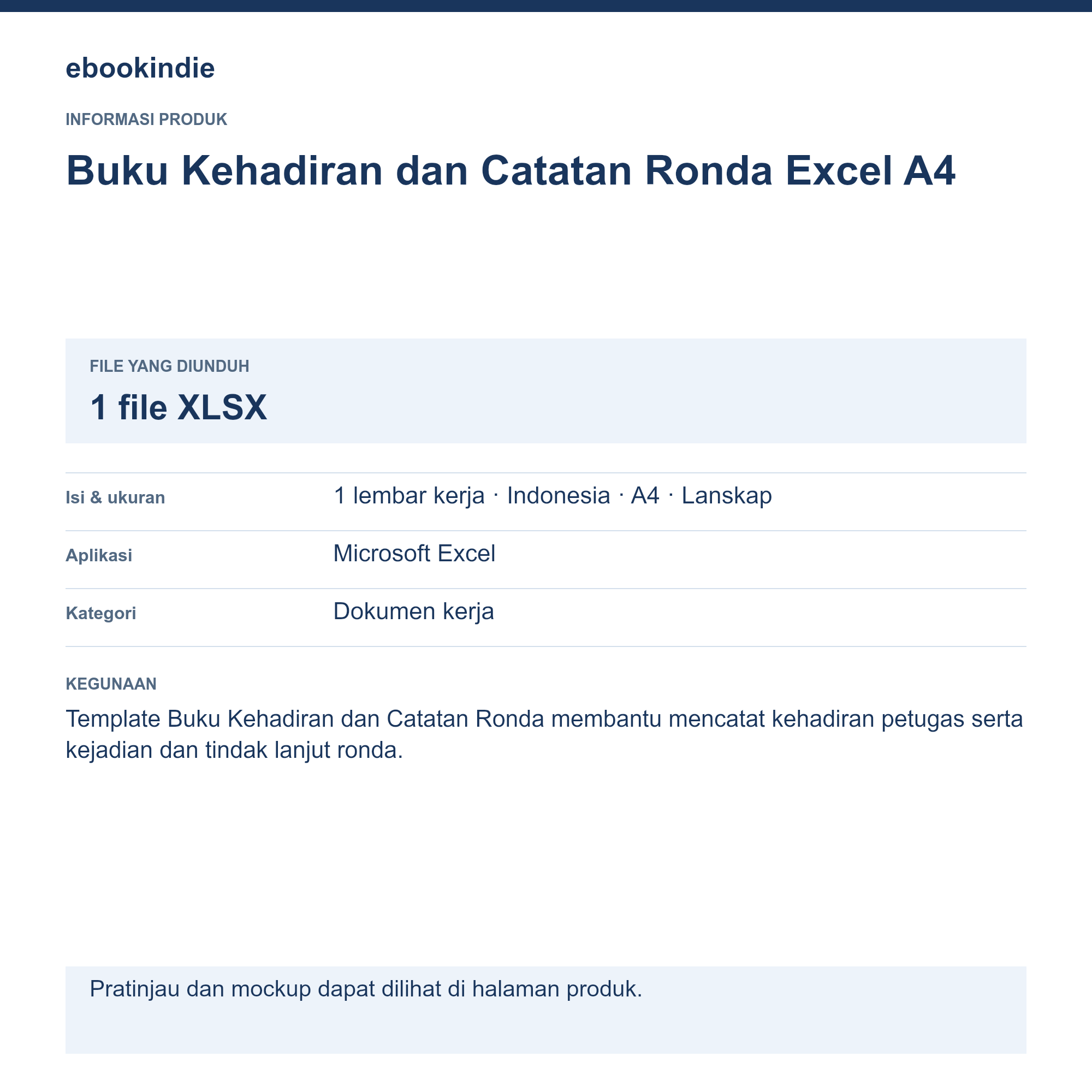 Detail Produk Buku Kehadiran dan Catatan Ronda Excel A4