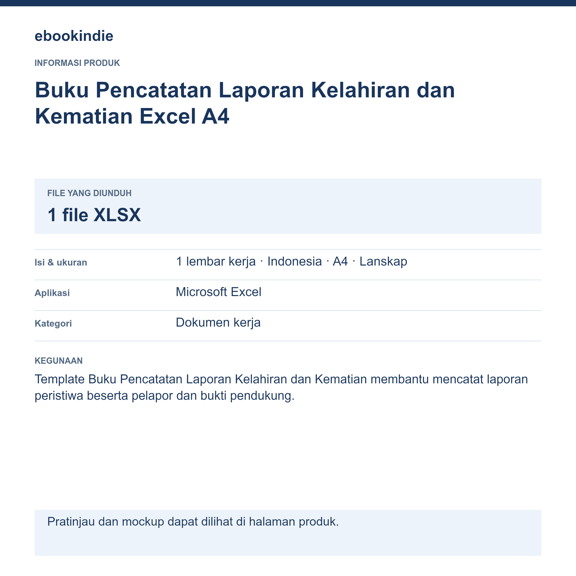 Detail Produk Buku Pencatatan Laporan Kelahiran dan Kematian Excel A4