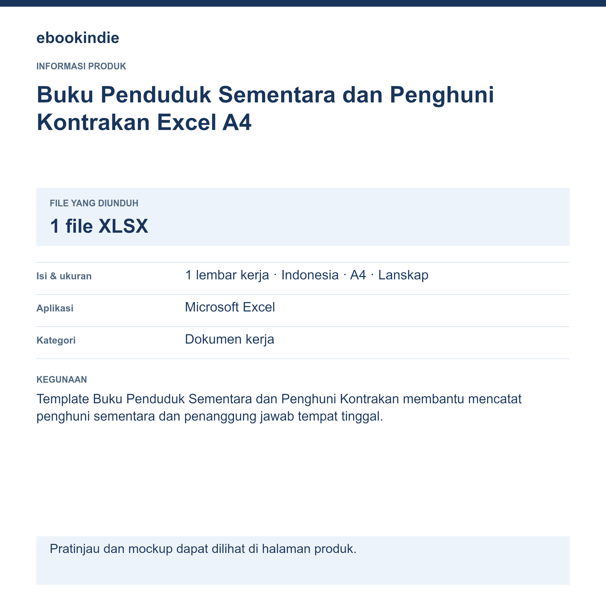 Detail Produk Buku Penduduk Sementara dan Penghuni Kontrakan Excel A4