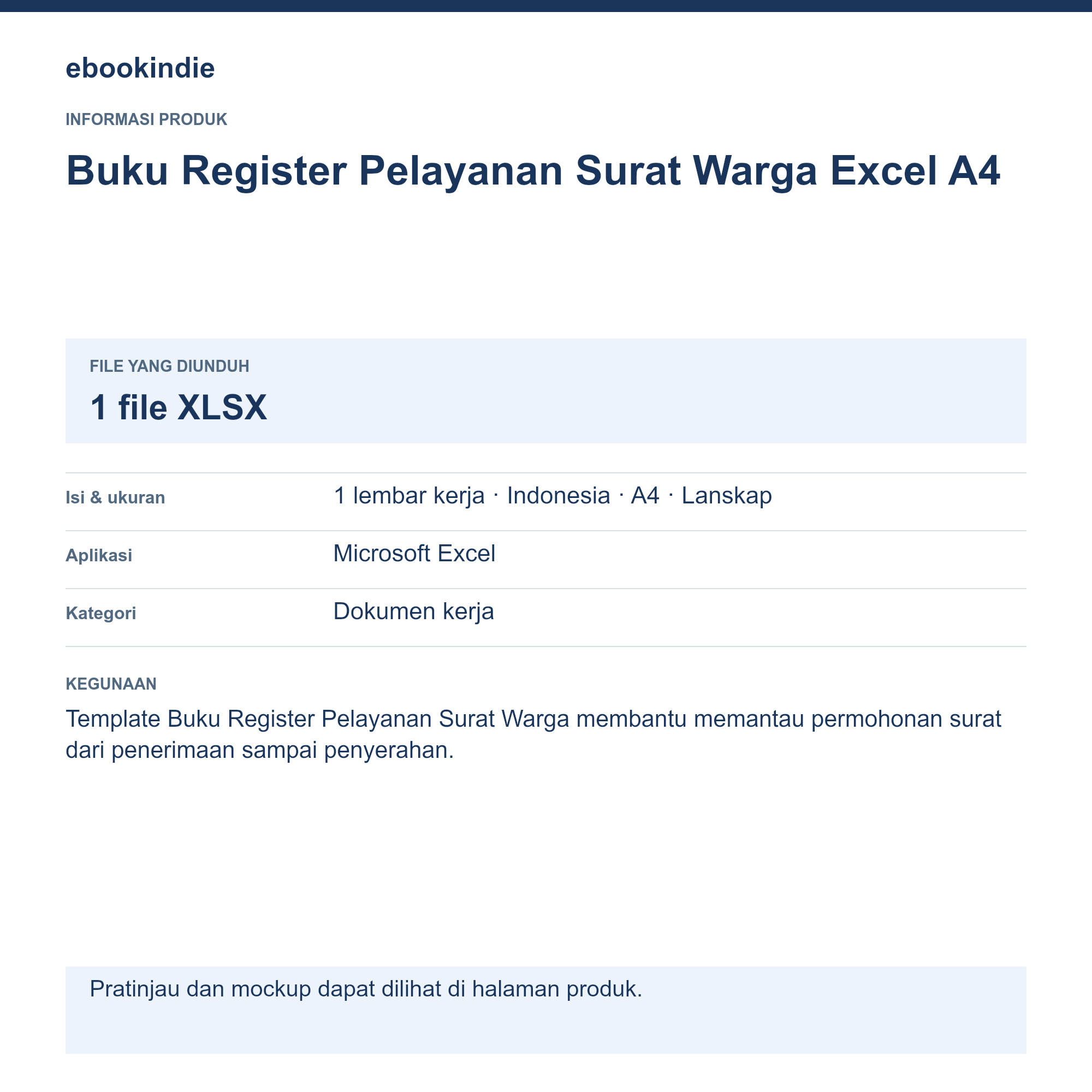 Detail Produk Buku Register Pelayanan Surat Warga Excel A4