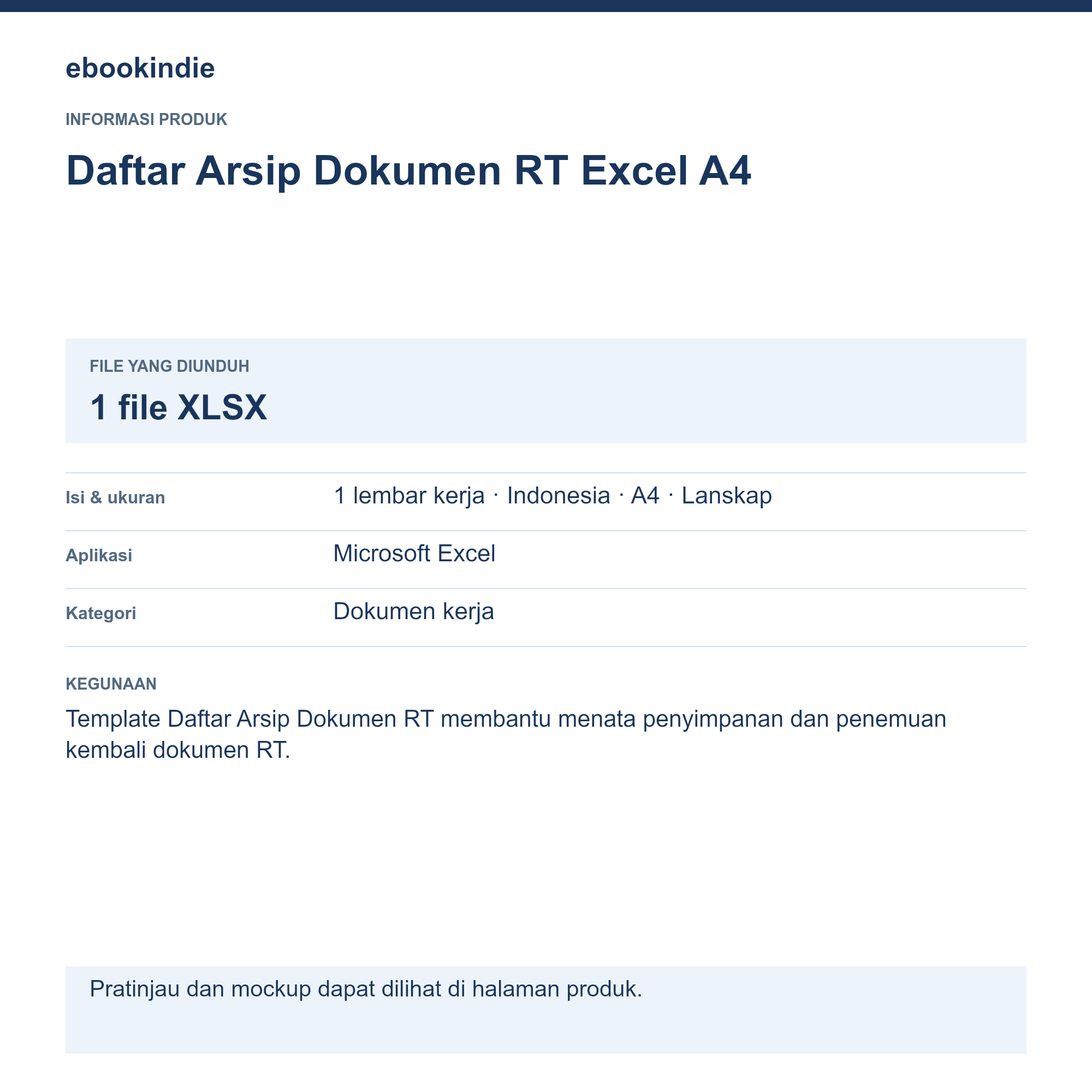 Detail Produk Daftar Arsip Dokumen RT Excel A4