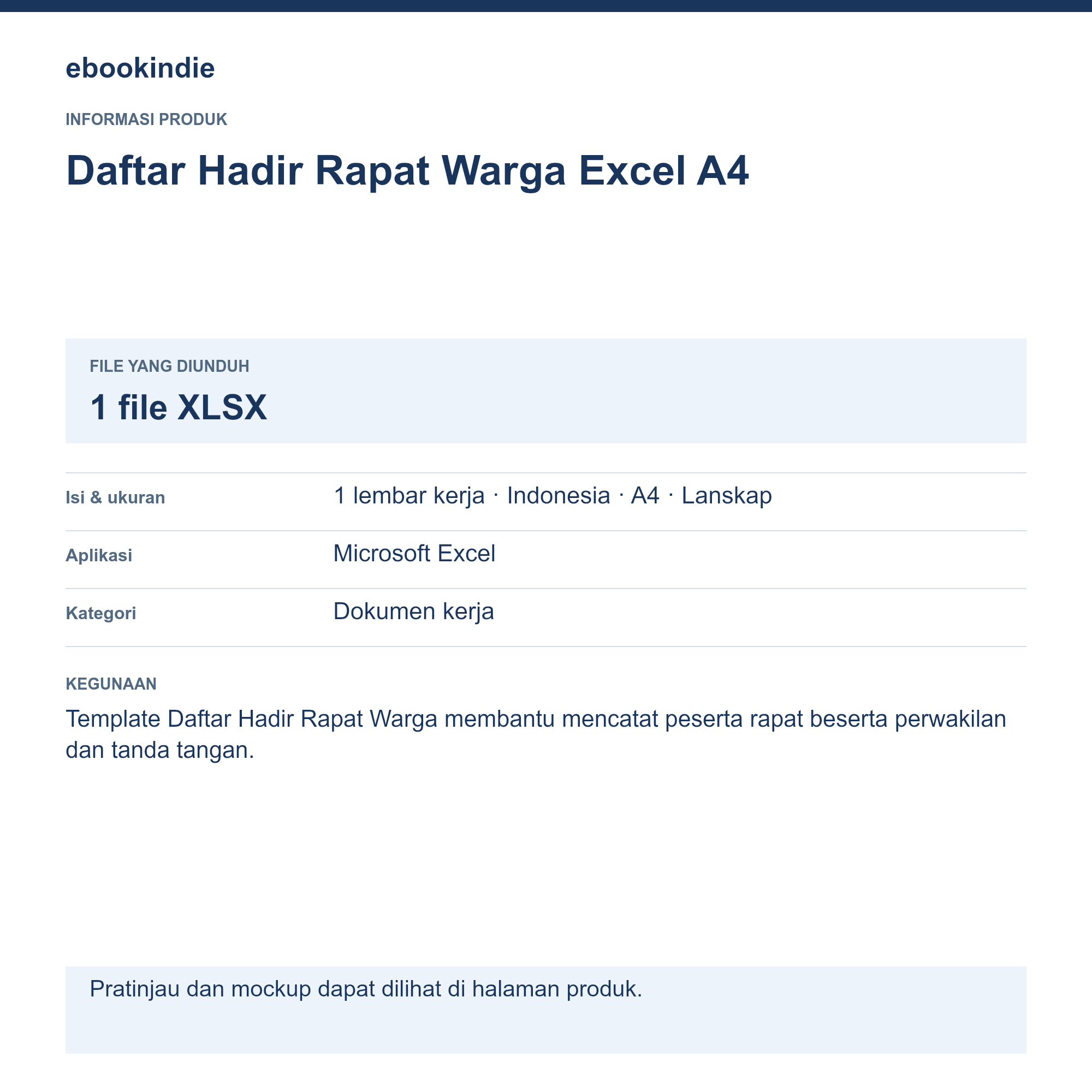 Detail Produk Daftar Hadir Rapat Warga Excel A4