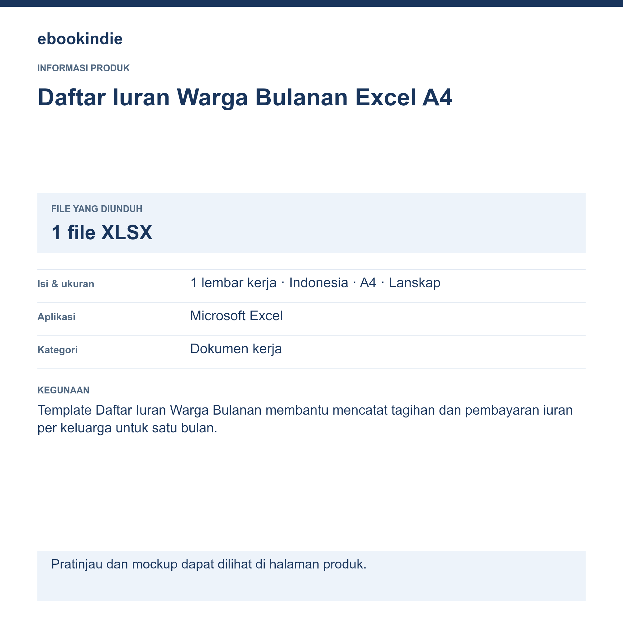 Detail Produk Daftar Iuran Warga Bulanan Excel A4