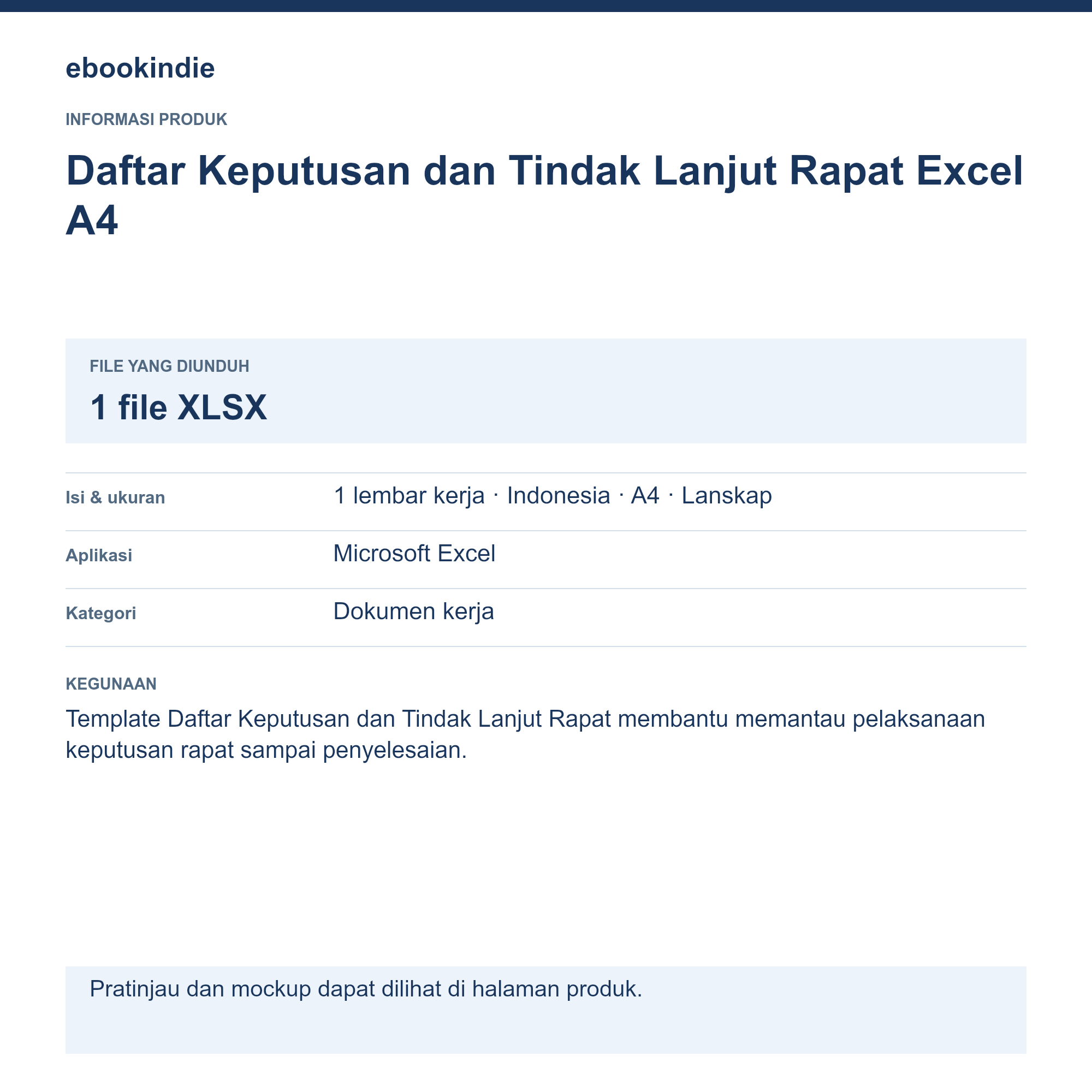 Detail Produk Daftar Keputusan dan Tindak Lanjut Rapat Excel A4