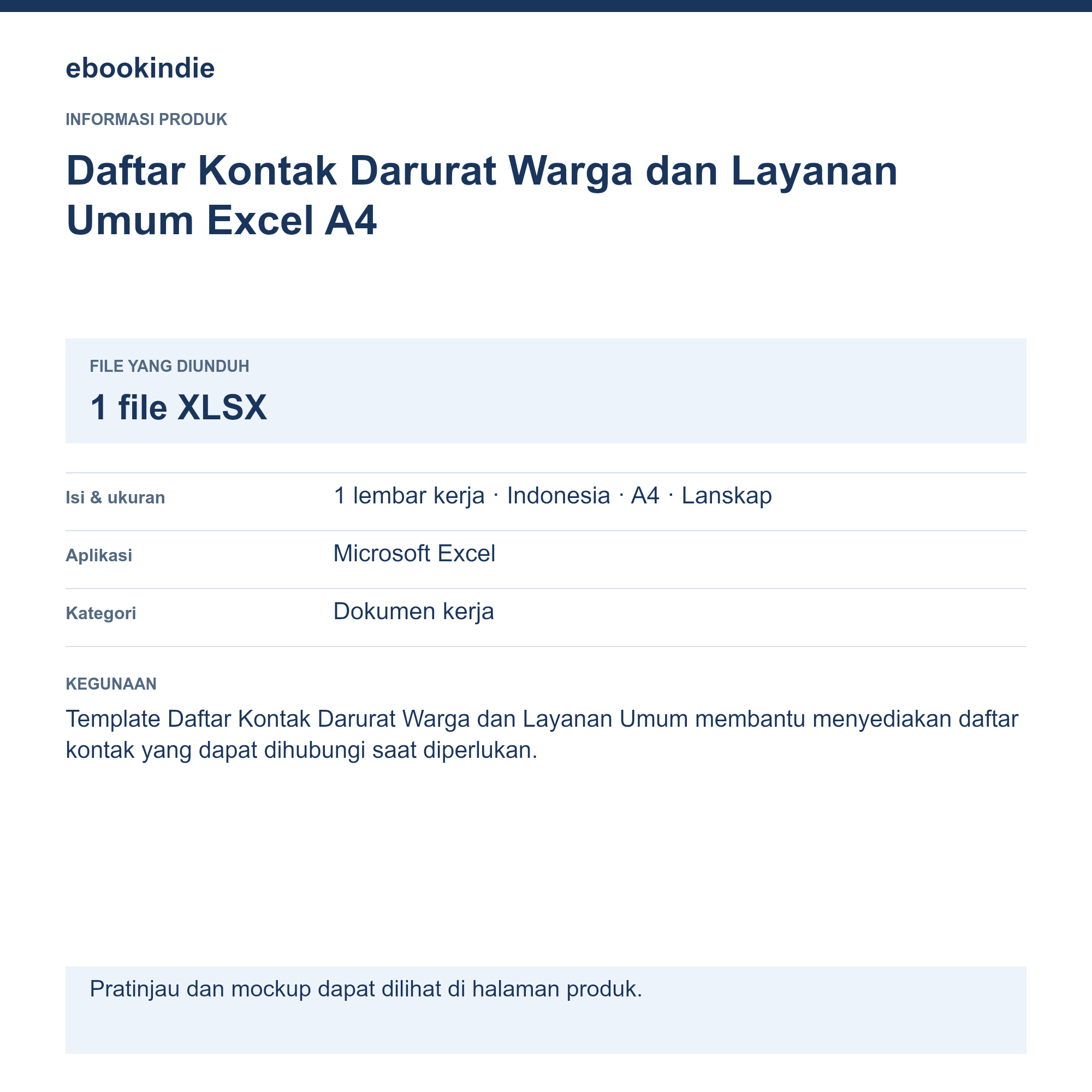 Detail Produk Daftar Kontak Darurat Warga dan Layanan Umum Excel A4