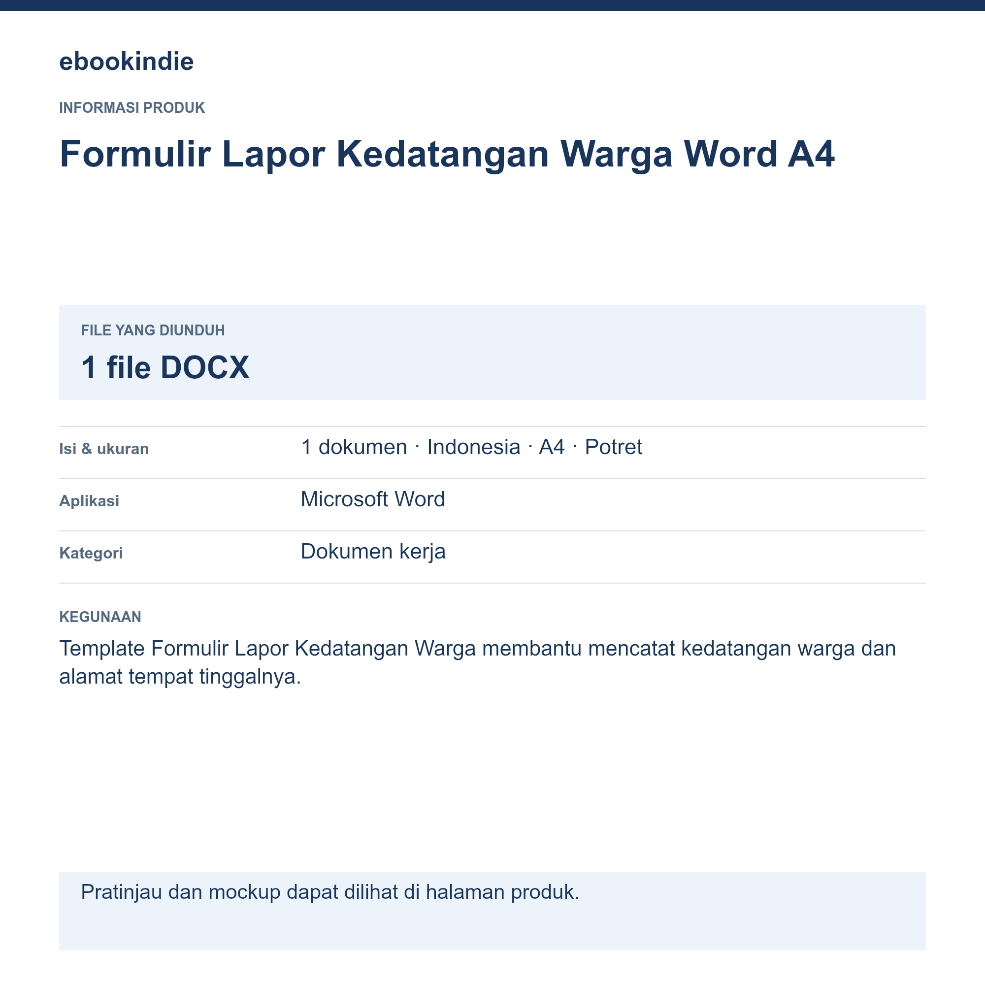 Detail Produk Formulir Lapor Kedatangan Warga Word A4