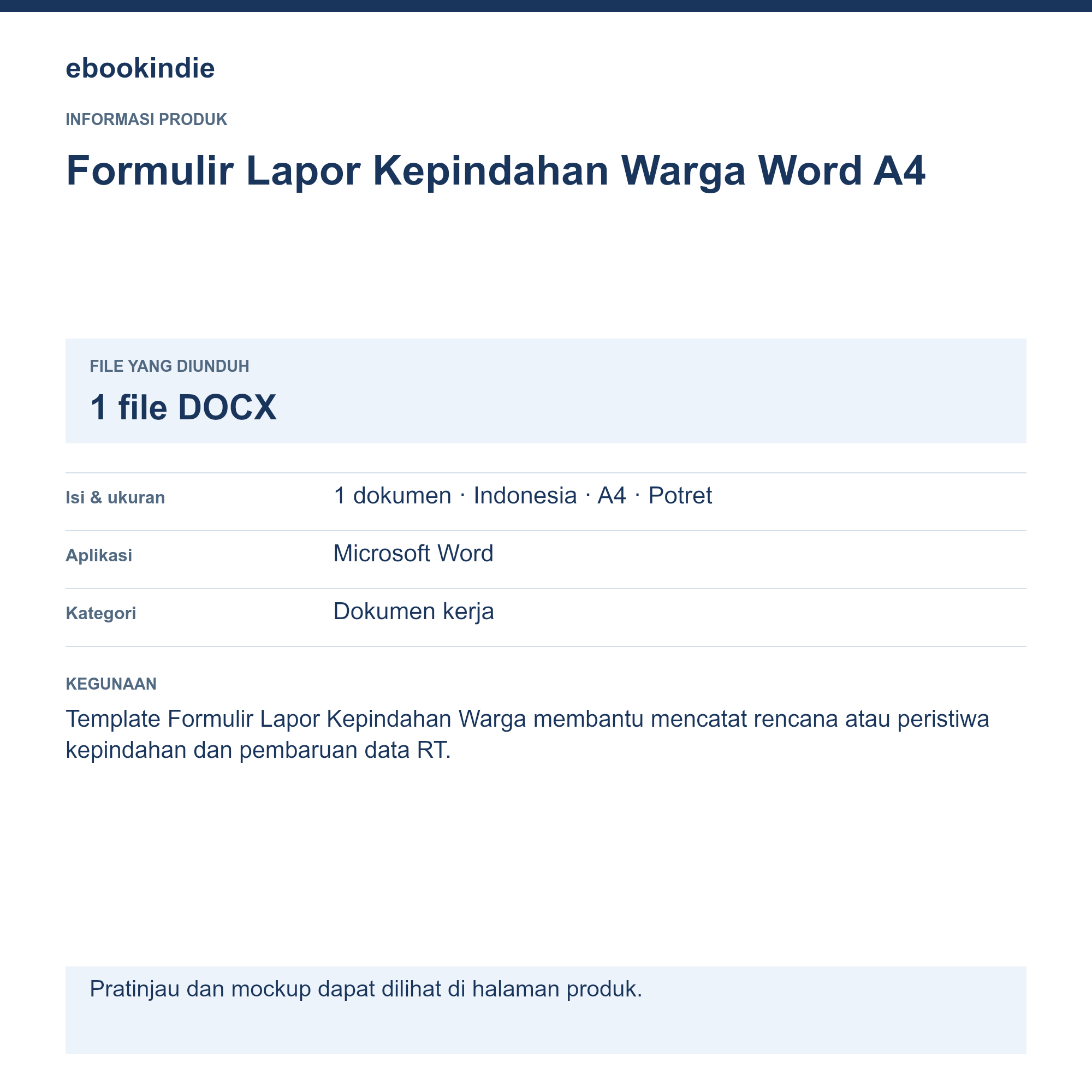 Detail Produk Formulir Lapor Kepindahan Warga Word A4