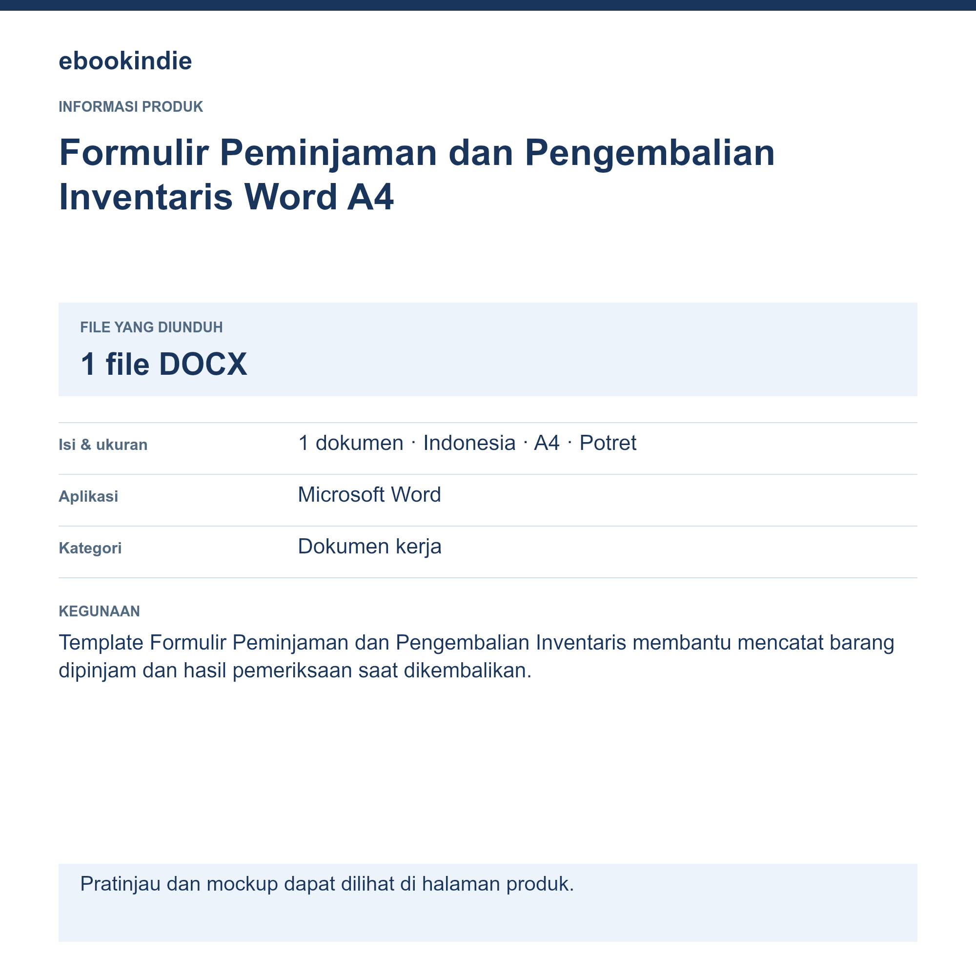 Detail Produk Formulir Peminjaman dan Pengembalian Inventaris Word A4