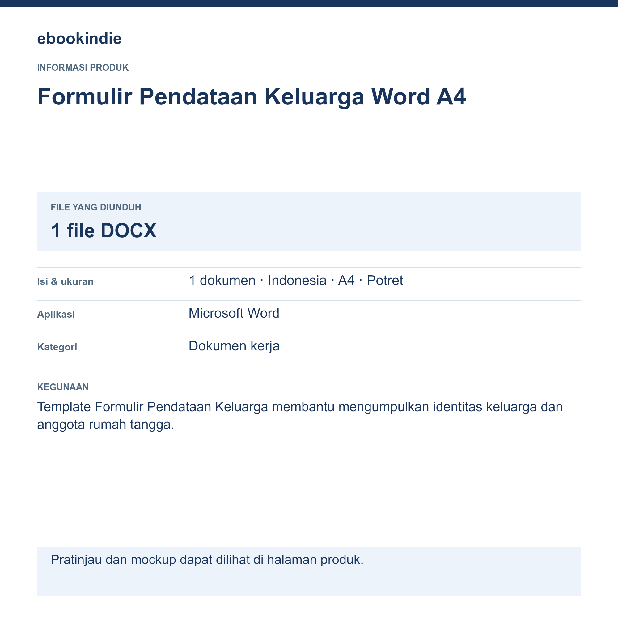 Detail Produk Formulir Pendataan Keluarga Word A4