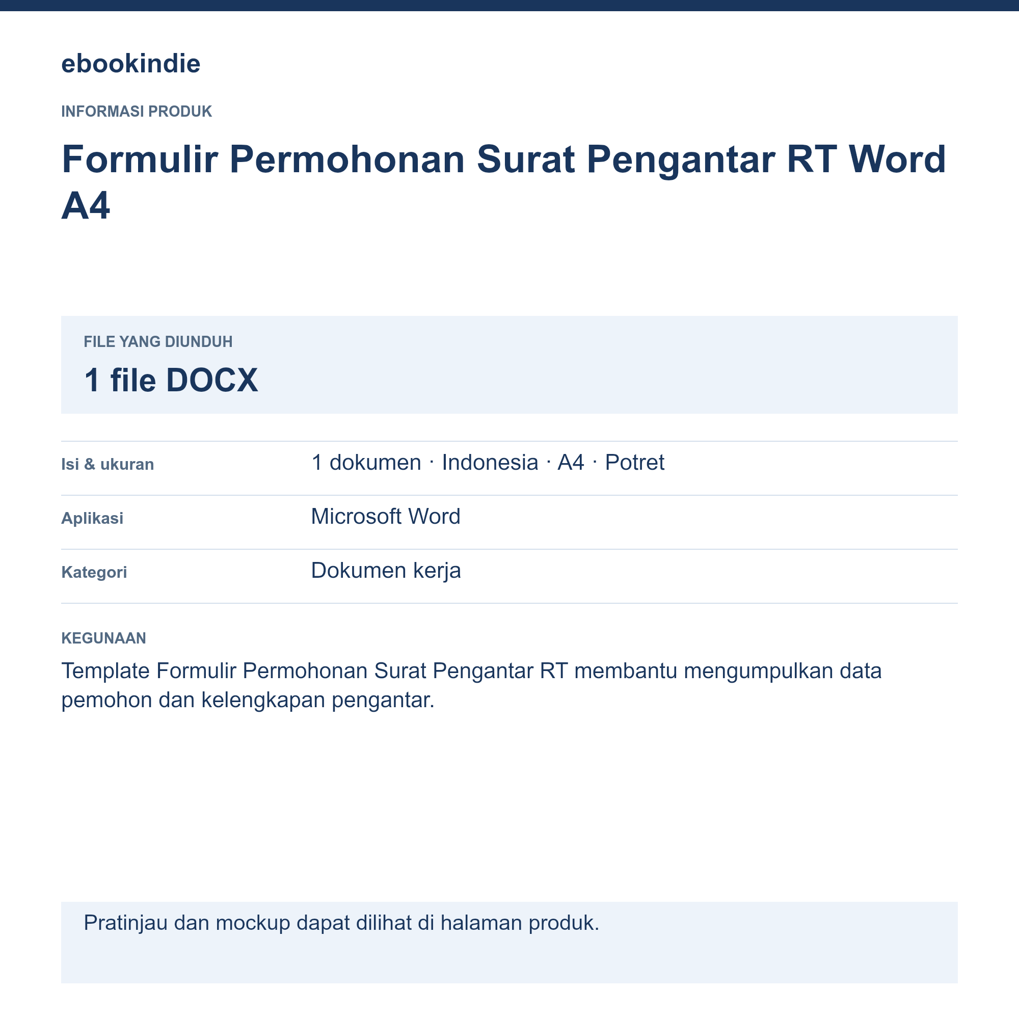 Detail Produk Formulir Permohonan Surat Pengantar RT Word A4