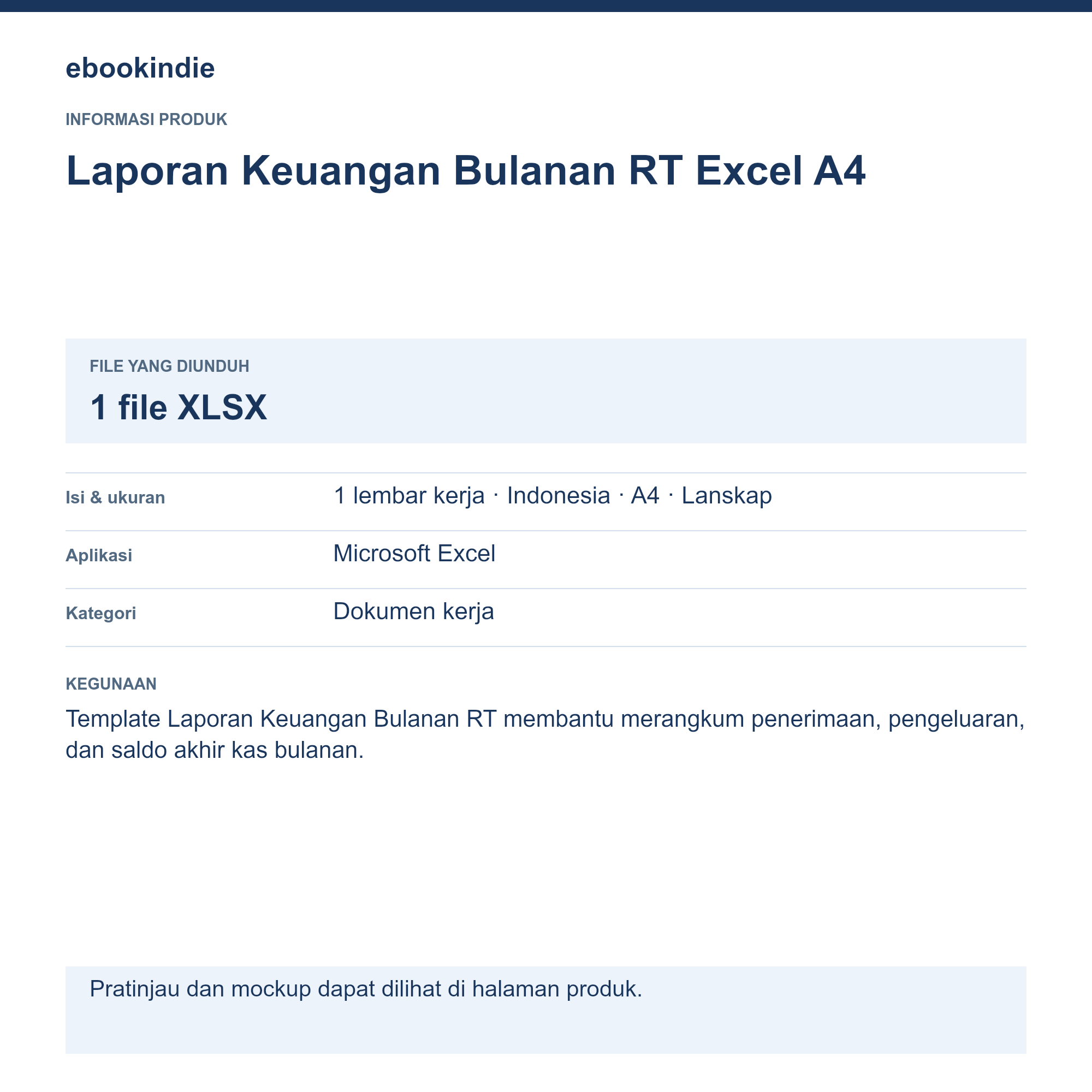 Detail Produk Laporan Keuangan Bulanan RT Excel A4