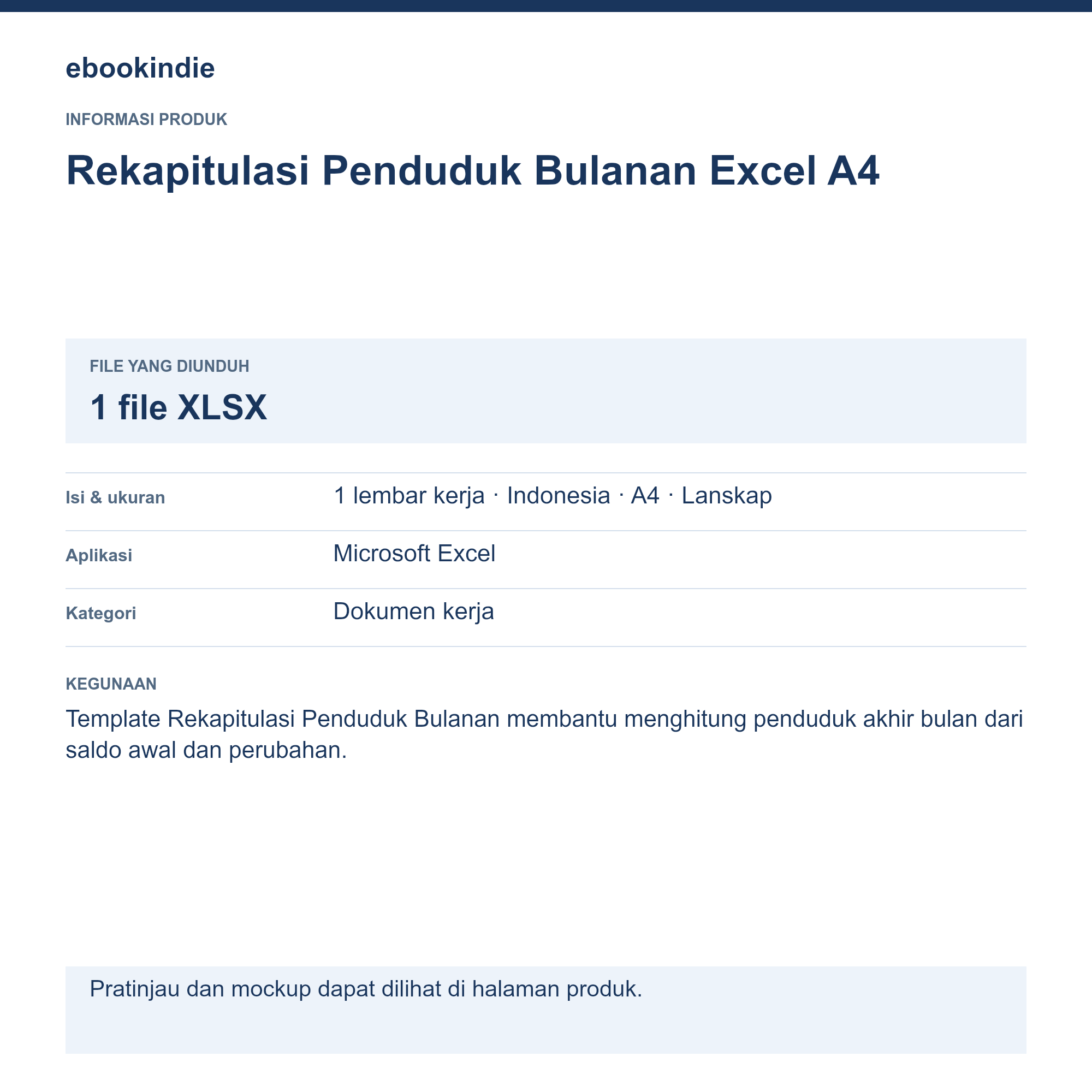 Detail Produk Rekapitulasi Penduduk Bulanan Excel A4