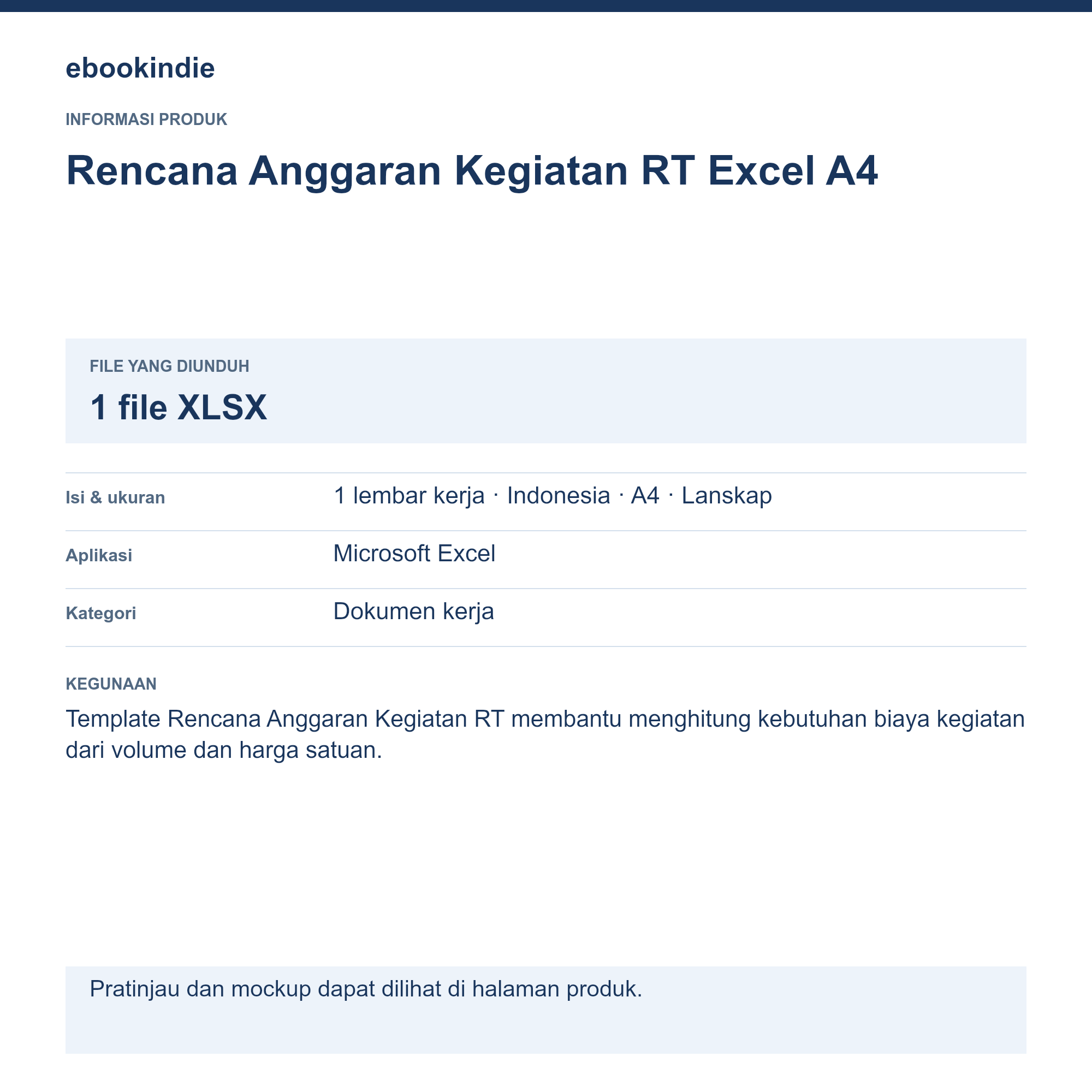Detail Produk Rencana Anggaran Kegiatan RT Excel A4