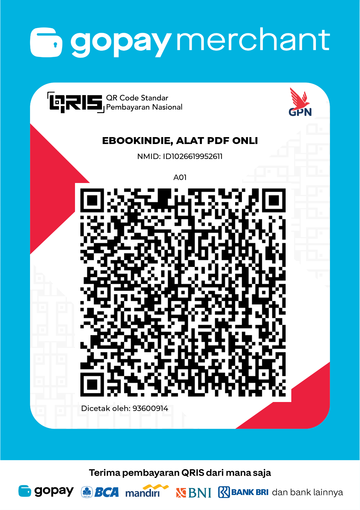 QRIS GoPay Merchant untuk donasi ke EbookIndie, Alat PDF Onli, NMID ID1026619952611