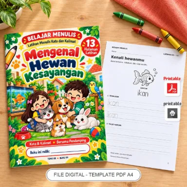 Buku Belajar Menulis Mengenal Hewan Kesayangan - Latihan Menulis Kata dan Kalimat PDF A4