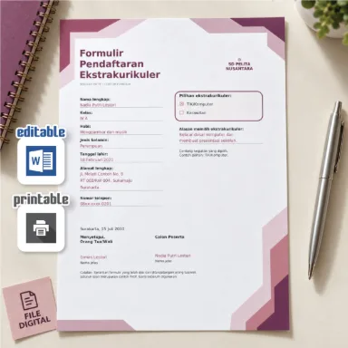 Template Formulir Pendaftaran Ekstrakurikuler Word A4 Dua Bahasa