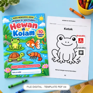 Buku Mewarnai Anak Hewan di Kolam PDF A4