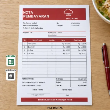 Template Nota Soto Ayam Excel A5 Dua Bahasa dengan Total Otomatis