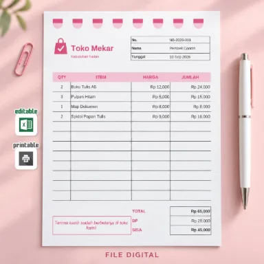 Template Nota Belanja Excel A5 Pink Dua Bahasa dengan Total DP dan Sisa Otomatis