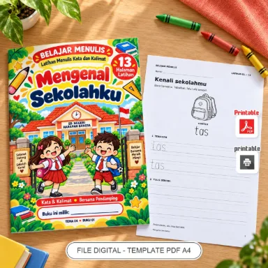 Buku Belajar Menulis Mengenal Sekolahku - Latihan Menulis Kata dan Kalimat PDF A4