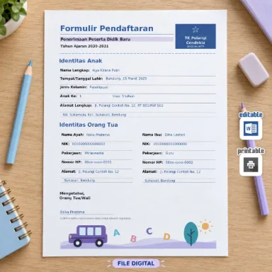 Formulir Pendaftaran TK Word A4 Indonesia dan English dengan Contoh Isian