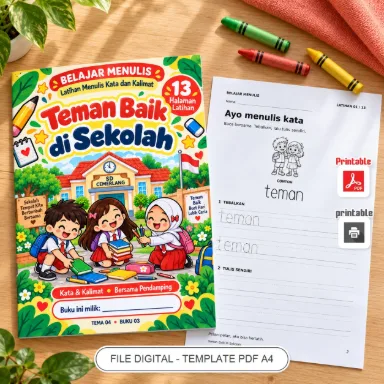 Buku Belajar Menulis Teman Baik di Sekolah - Latihan Menulis Kata dan Kalimat PDF A4