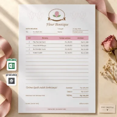 Template Nota Fleur Floral Excel A5 Dua Bahasa dengan Diskon Otomatis