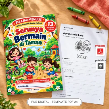 Buku Belajar Menulis Serunya Bermain di Taman - Latihan Menulis Kata dan Kalimat PDF A4