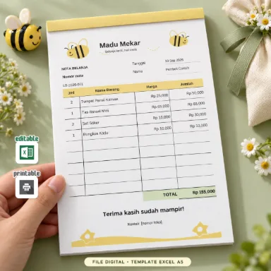Template Nota Lebah Excel A5 Dua Bahasa dengan Total Otomatis