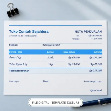 Template Nota Penjualan Excel A5 Landscape Biru Dua Bahasa